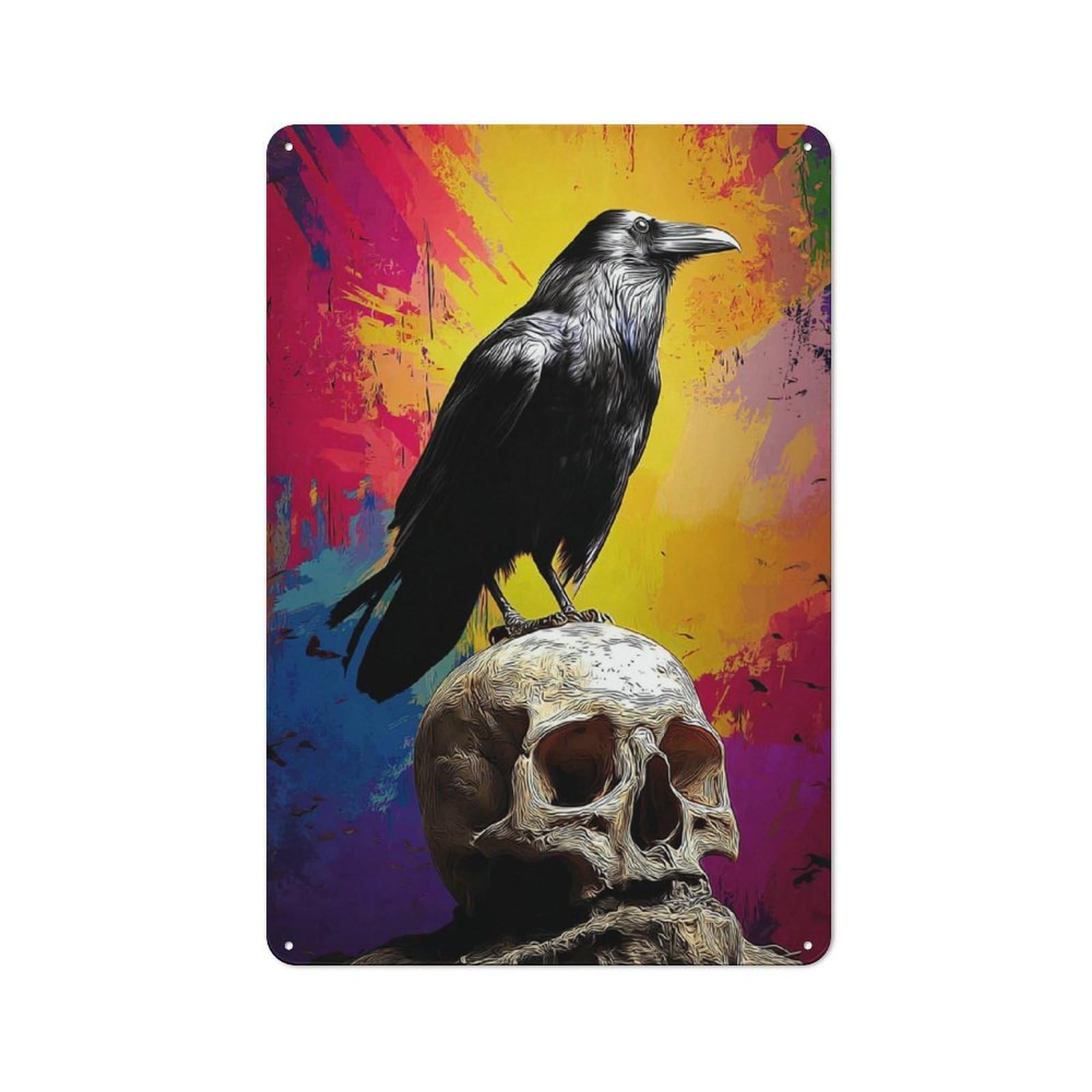 Junmoney Crow Perched On Skull Against Vibrant Backgro For Studio Or Craft Room, Und -1 Retro-Style Tin Sign 30X20cm, For Metal Sign Collectors, For Garage And Workshop Walls