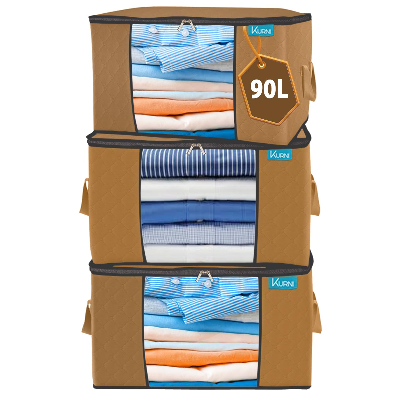Clothes Storage Bags Organizer 3 Pack Tan, Large Moving Boxes 90L Capacity, 3 Sided Zipper Storage Box. Dust/Mites Proof 55 x 43 x 35cm