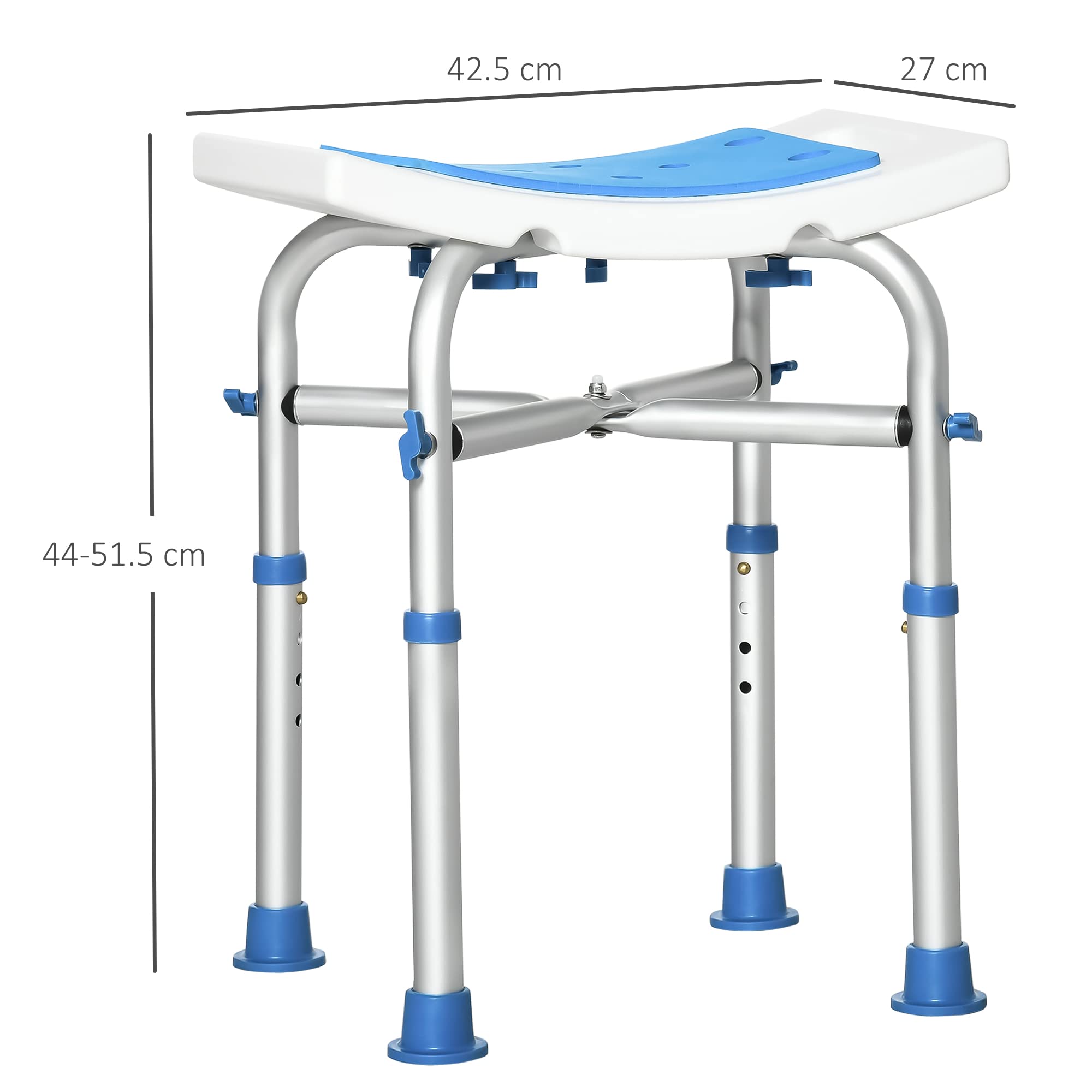 HOMCOM Silla de Ducha para Ancianos y discapacitados, Taburete de Ducha Acolchado Ajustable con asa integrada y Almohadillas Antideslizantes con ventosas, Color Azul