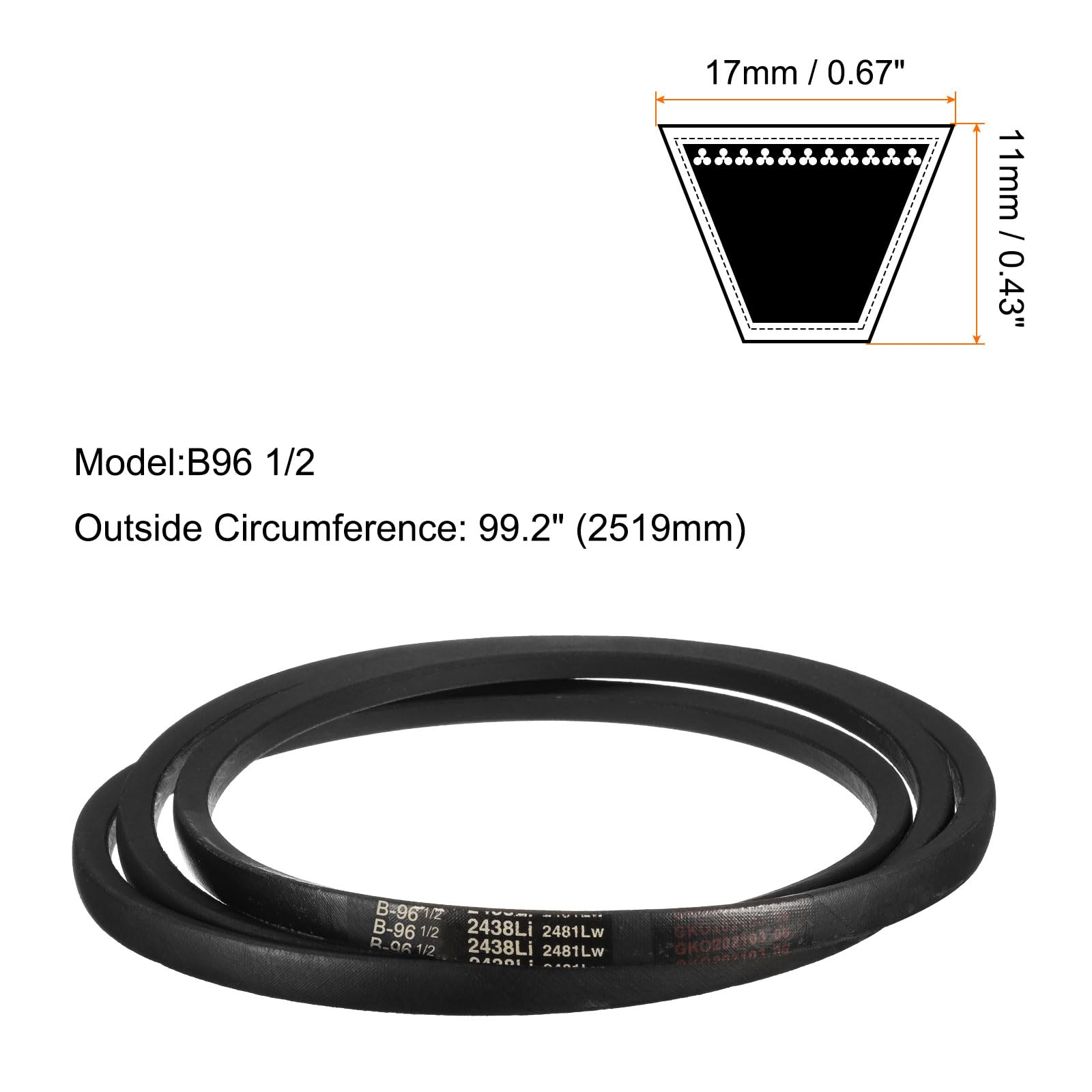 QUARKZMAN 2pz B96 1/2 Cinghia in Gomma, Cinghia a Sezione B 99.2" Circonferenza Esterna x 0.67" Larghezza x 0.43" Spessore, Cinghia di Trasmissione di Potenza Industriale, Nera