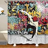 Homemissing Jungen Skateboard Bunte Graffiti Stil Duschvorhang 180x200cm für Stände Badewannen Dekor Skateboard Duschvorhang Textil Hip Hop Straßenkultur Wasserdicht