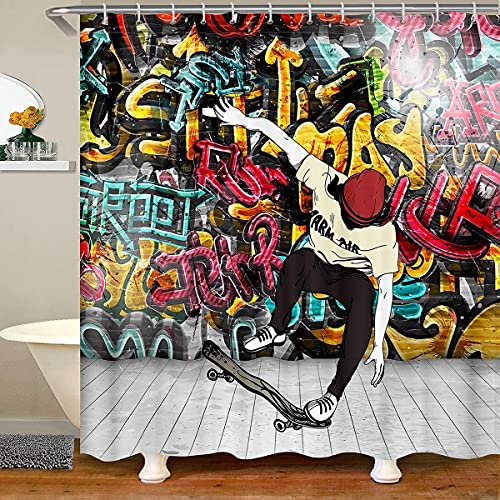 Homemissing Jungen Skateboard Bunte Graffiti Stil Duschvorhang 180x200cm für Stände Badewannen Dekor Skateboard Duschvorhang Textil Hip Hop Straßenkultur Wasserdicht