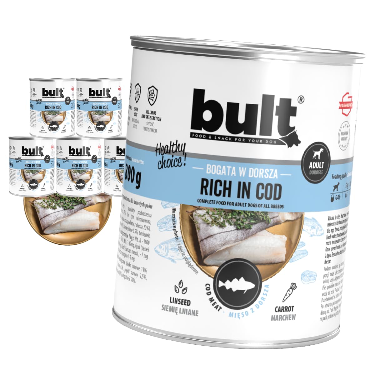 BULT Natürliches Nassfutter für Hunde,Hundefutter Nass, | Kabeljaugeschmack, 800 g, für alle Altersgruppen, Pastete, ohne künstliche Farb- und Konservierungsstoffe, 6 Stück