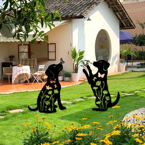 YiYa 2 Stück Metall-Gartendekoration Metall Hund Garten Dekoration Hund Animal Garden Stakes Gartendeko für Outdoor Rasen Tier Rasen Dekoration Schwarz Dekor