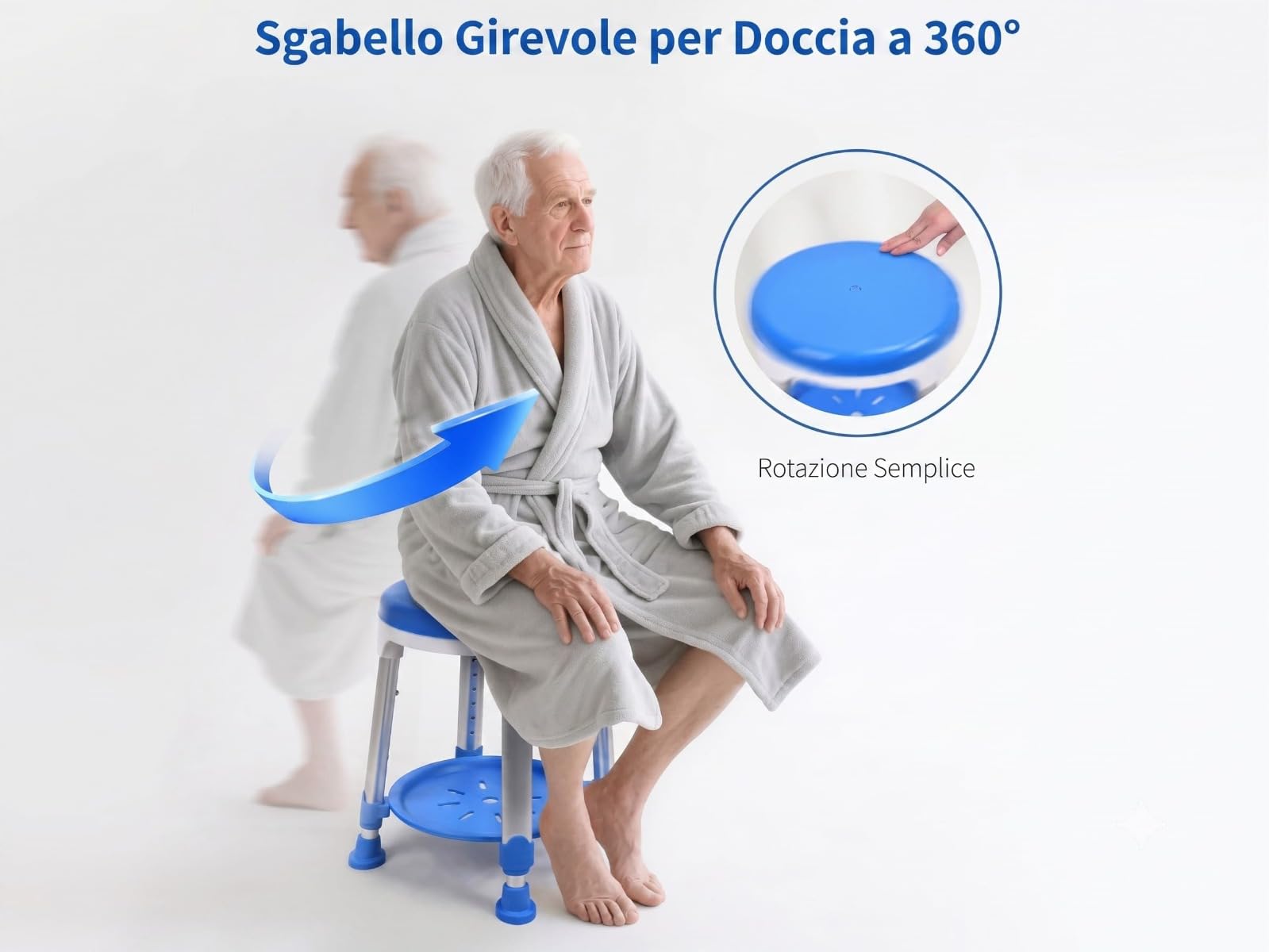 Taburete de ducha GIMA giratorio 360° para personas mayores y discapacitadas, asiento ajustable en altura, pies antideslizantes de seguridad, bandeja portaobjetos integrada, color azul, ayuda para
