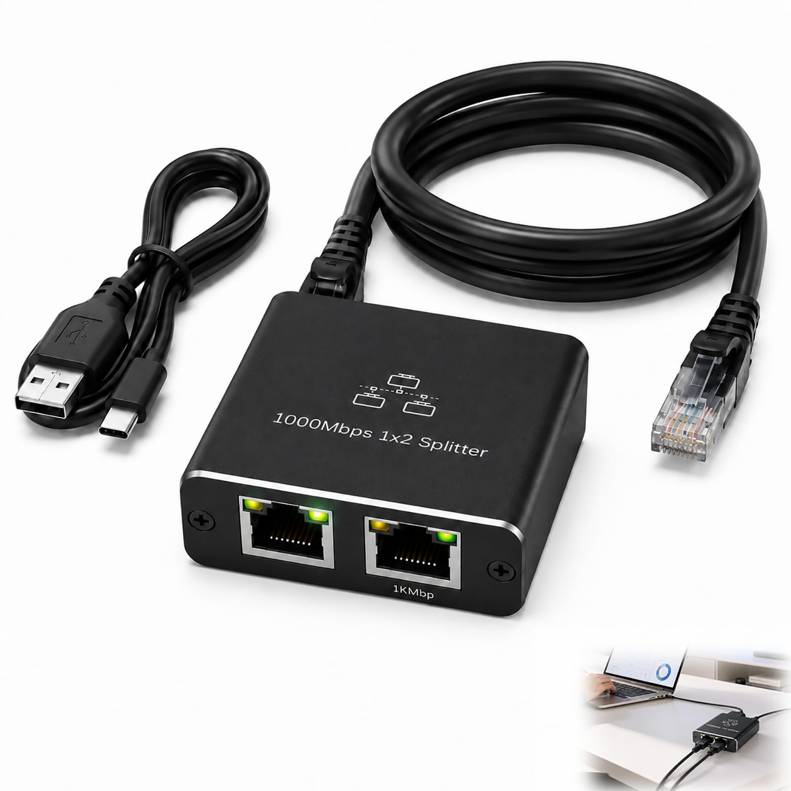 LAN Splitter 1 auf 2, Gigabit LAN Switch 2 Port 1000Mbps RJ45 Switch Computer, Smart-TV, Router, Hub, Set-Top Box, universelle Kompatibilität, robustes Gehäuse, Plug&Play, einfache Netzwerkerweiterung