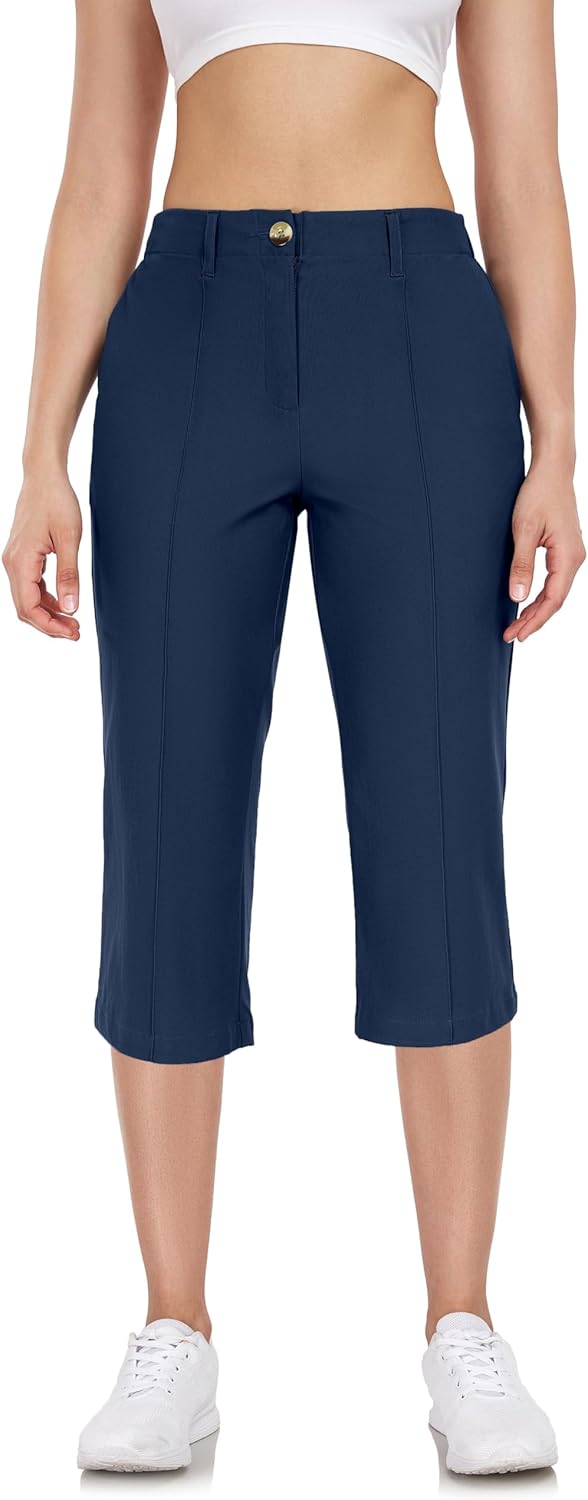 Little Donkey Andy Women's Stretchy Straight Leg Dress Pants Business Casual Elastic Waist Cropped Work Pants with Pockets - Image 2