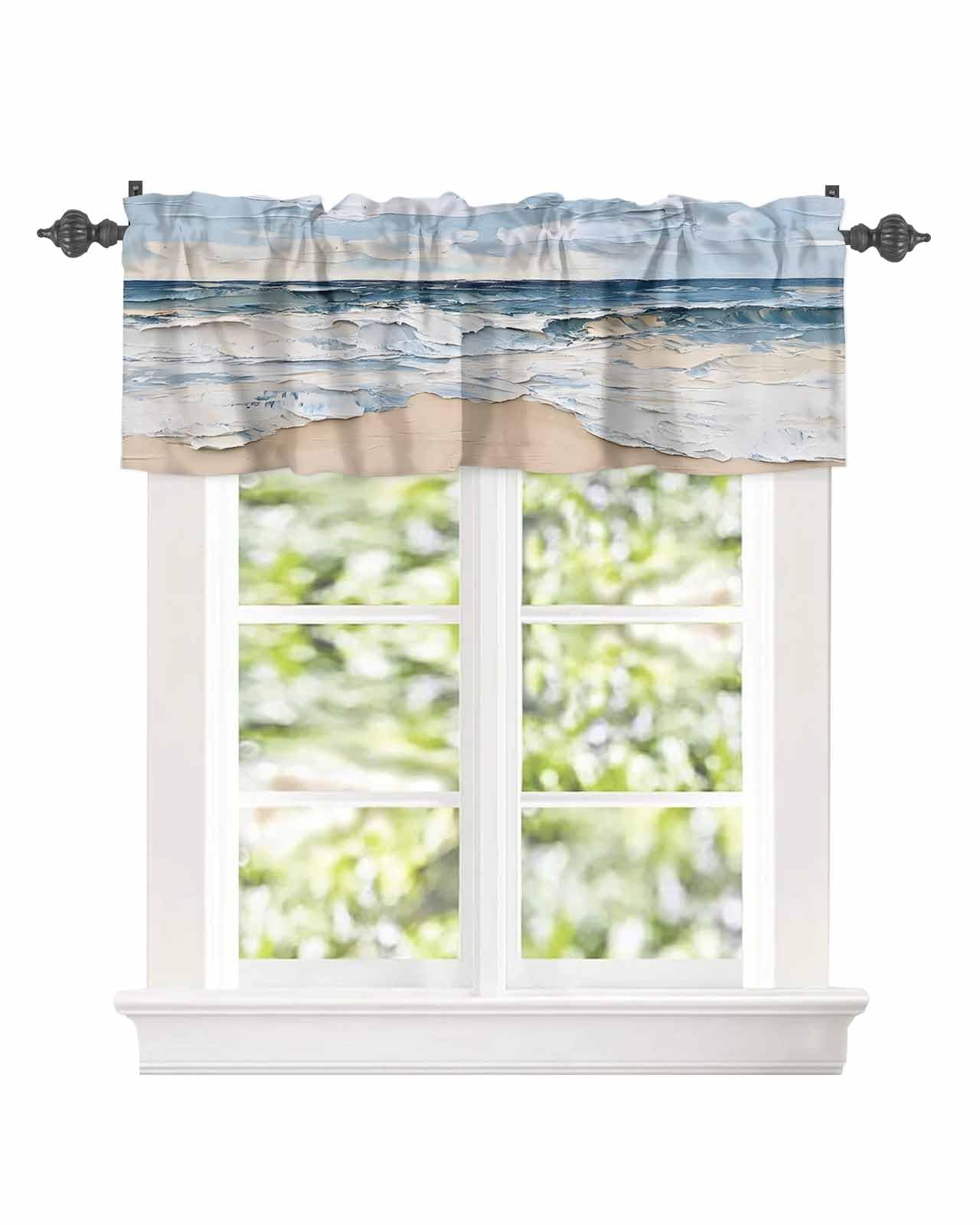 Chees D Zone Window Valance for Kitchen,Blue White Coastal Beach Waves Rod Pocket Curtain Valances Short Curtains Drapes Panel,Abstract Art Window