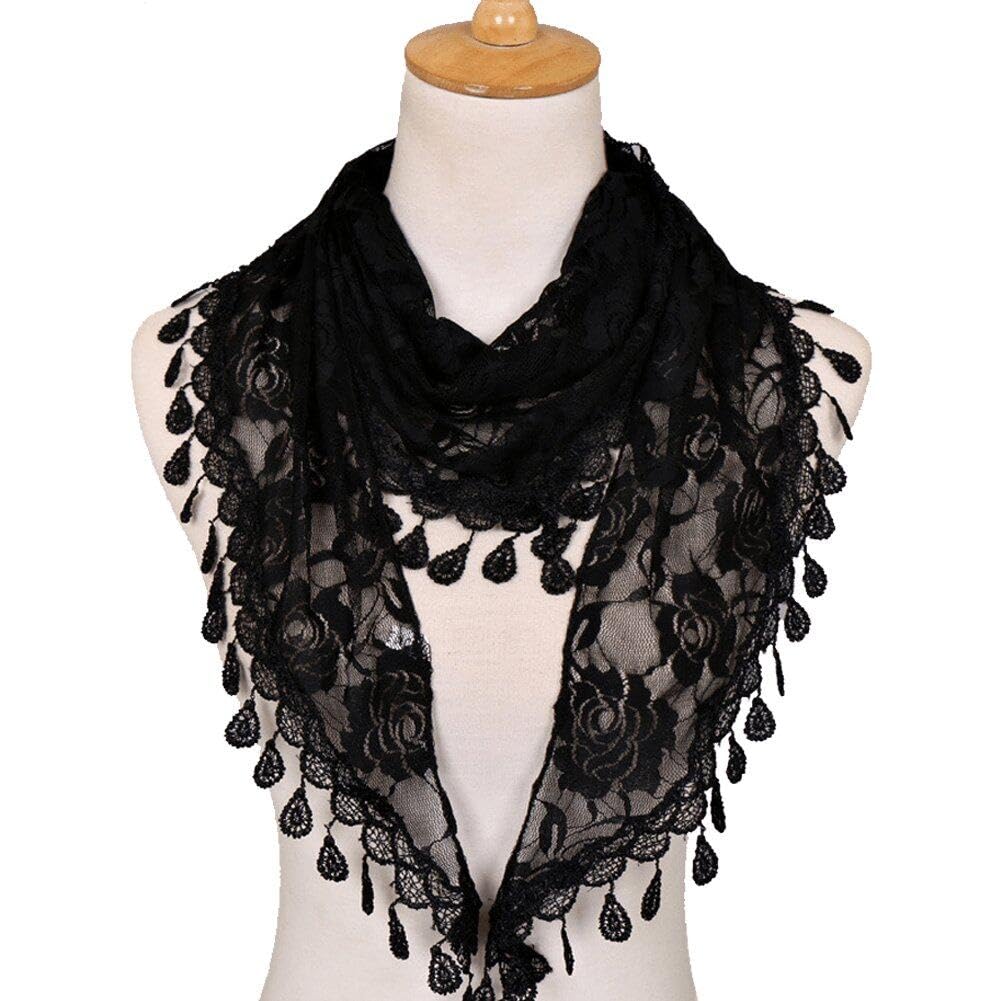 Lpitoy Women's Black Triangle Wrap Lady Shawl Flower Lace Scarf Tassel Shawls Scarves Spring Summer Hollow Triangle Scarf
