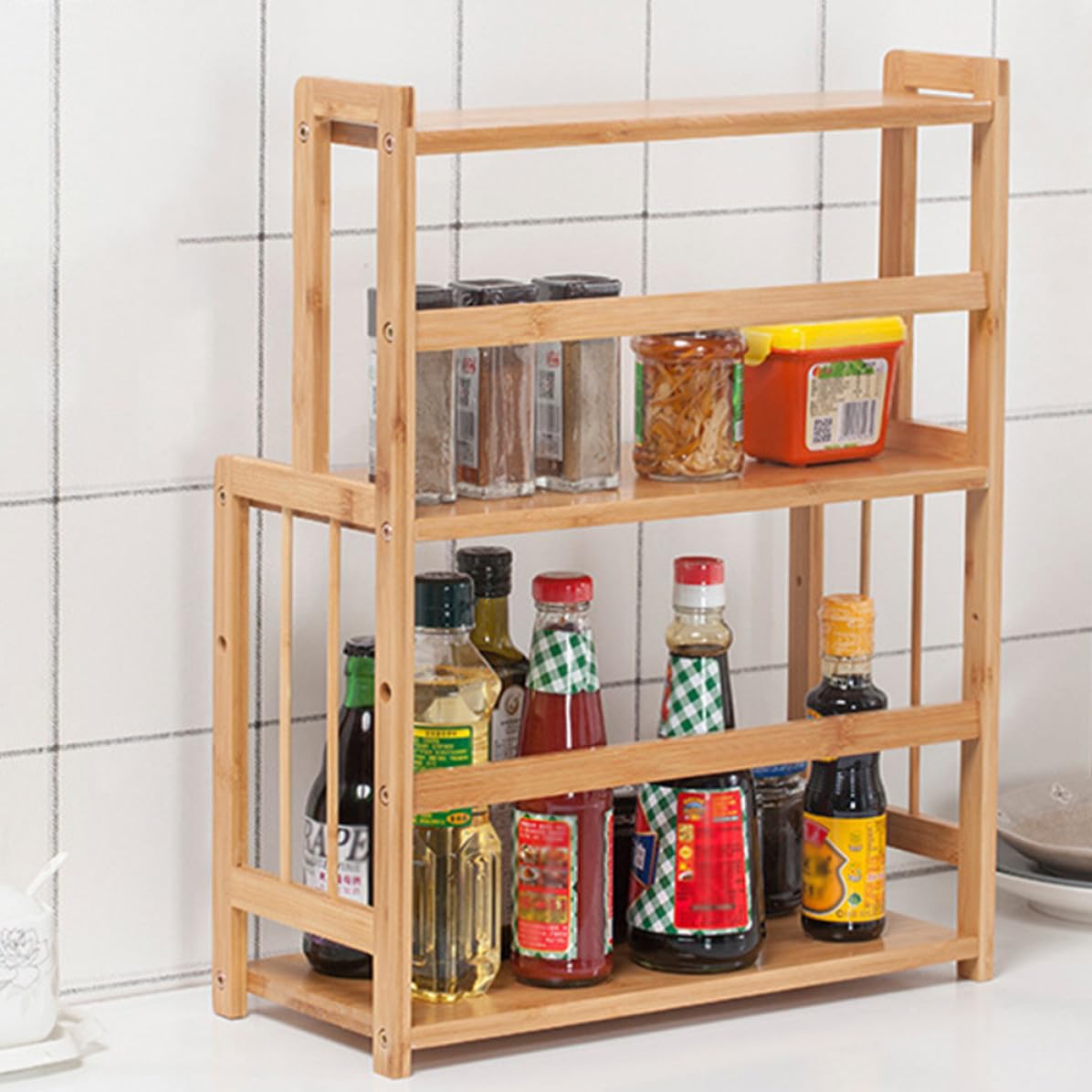 ABOOFAN Organizador de Especias Almacenamiento y Optimización de Espacio de 2 Niveles de Bambú Rejilla para Condimentos para Cocina Adecuado Lugar