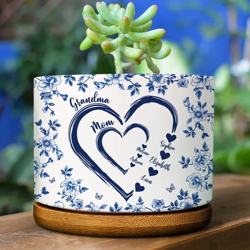 WANDER PRINTS Personalized Ceramic Plant Pot - Flower Planter for Mom Grandma Floral Heart Design Indoor Succulent Pot Meaningful Family Keepsake Home Decor - Mom Grandma Sweethearts