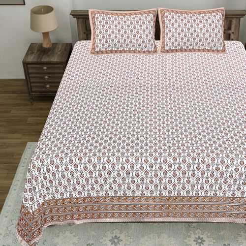 Image of Living Roots Jaipuri Hand Block Print Double Cotton Bedsheet & 2 Pillow Covers, for Mattress Upto 8 inches Thick, No Colour Bleeding, Orange Colour, Super King Size 96 * 104 inches, 150TC (573-B)