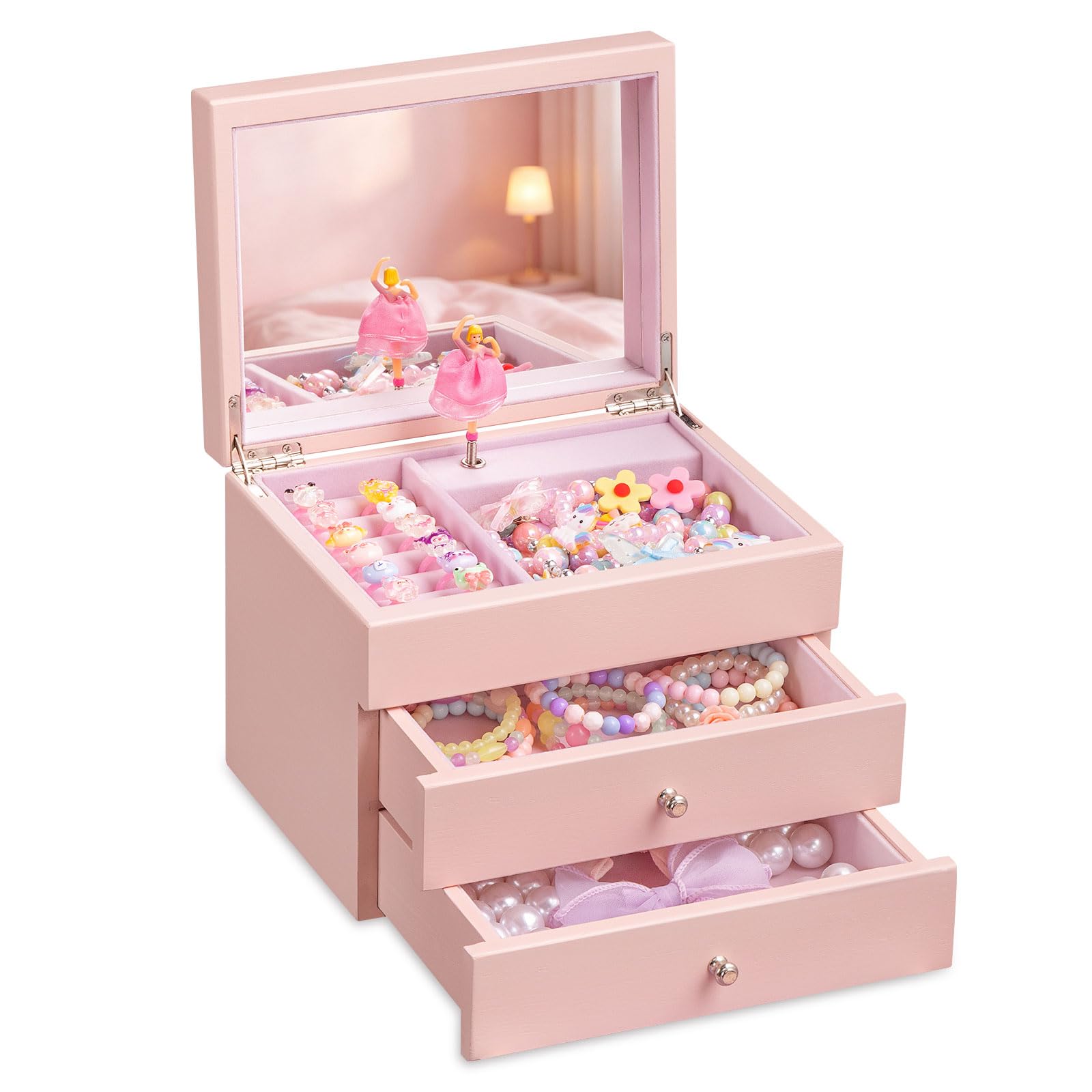 Miratino Joyero musical para niñas, cajas de joyería y organizadores de madera de 3 capas con bailarina giratoria, regalo de almacenamiento de joyas musicales para niñas, Navidad, cumpleaños, Año