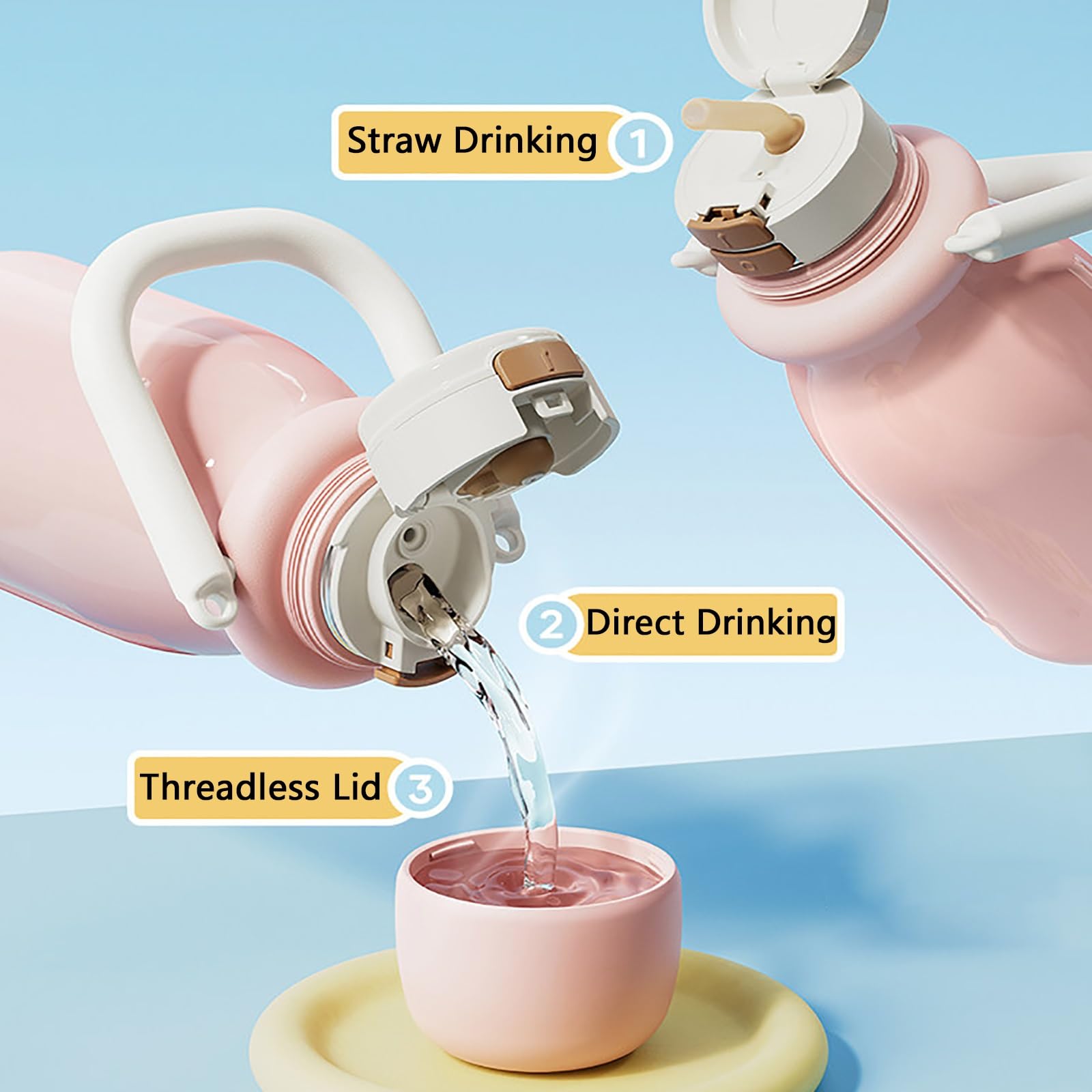 600ml / 20oz, Botella Agua Pajita, Termo Taza, Fácil de Transportar, Mantiene El Calor y El Frío, Ideal para La Escuela, El Trabajo, Viajes y Deportes(Pink)