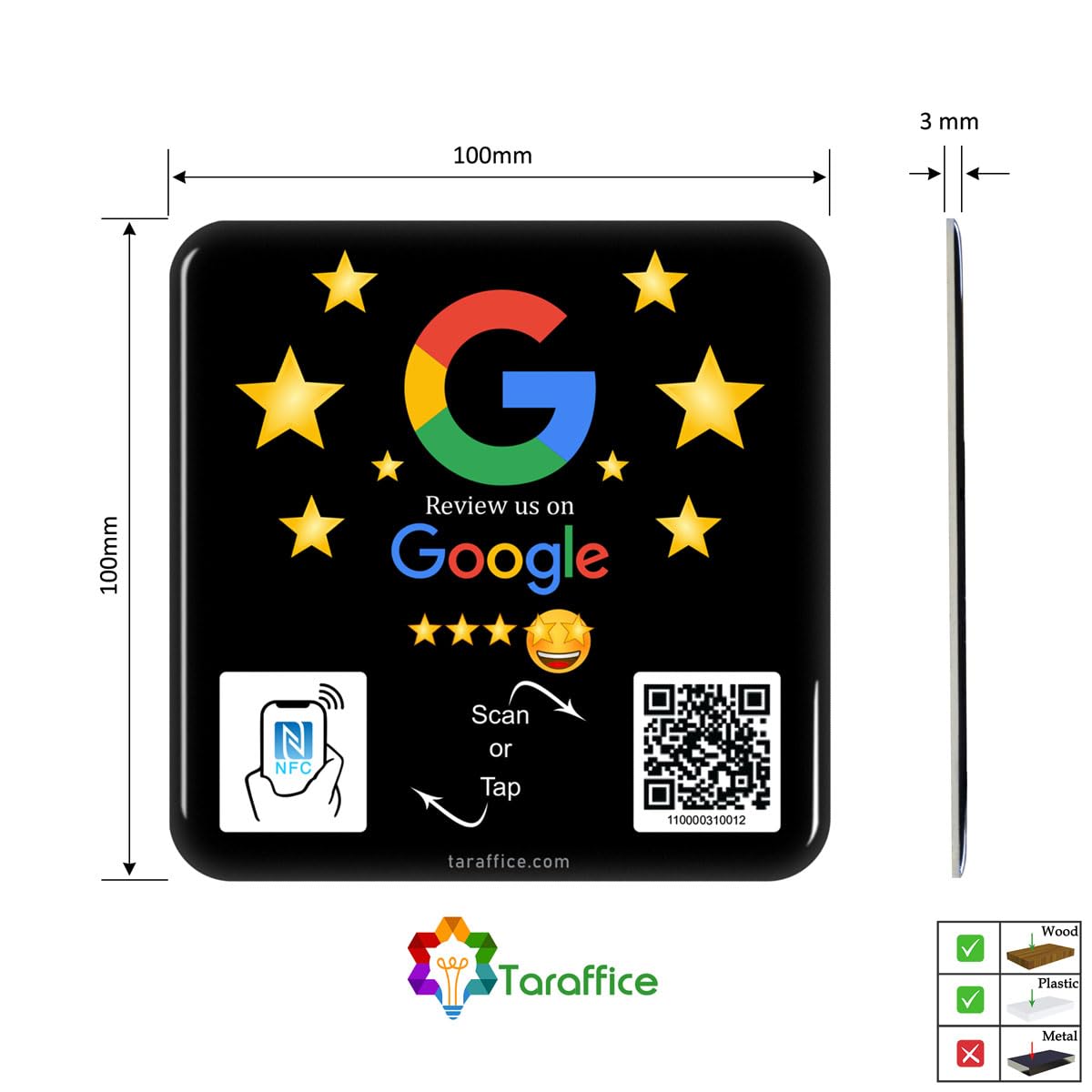 TARAFFICE Piastra NFC 2in1 Per Ristoranti – Menu QR + Recensioni Google, 10 Pezzi Neri, Senza Abbonamento, 60mm