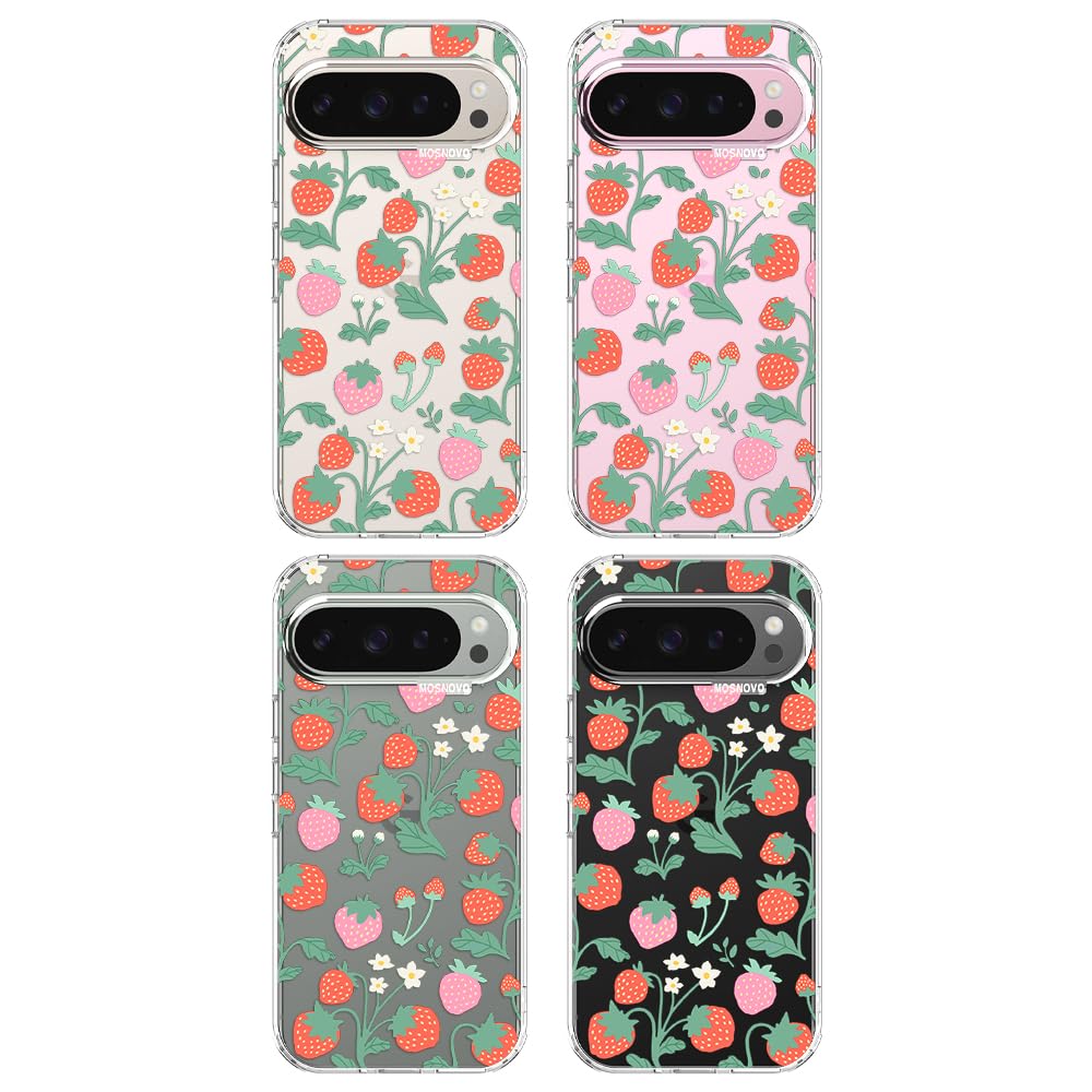 MOSNOVO Case for Google Pixel 9 & Pixel 9 Pro, [Buffertech 6.6ft Military-Grade Drop Protection] [Anti Peel Off Tech] Clear TPU Bumper Phone Case Cover Design - Strawberry Garden - 4