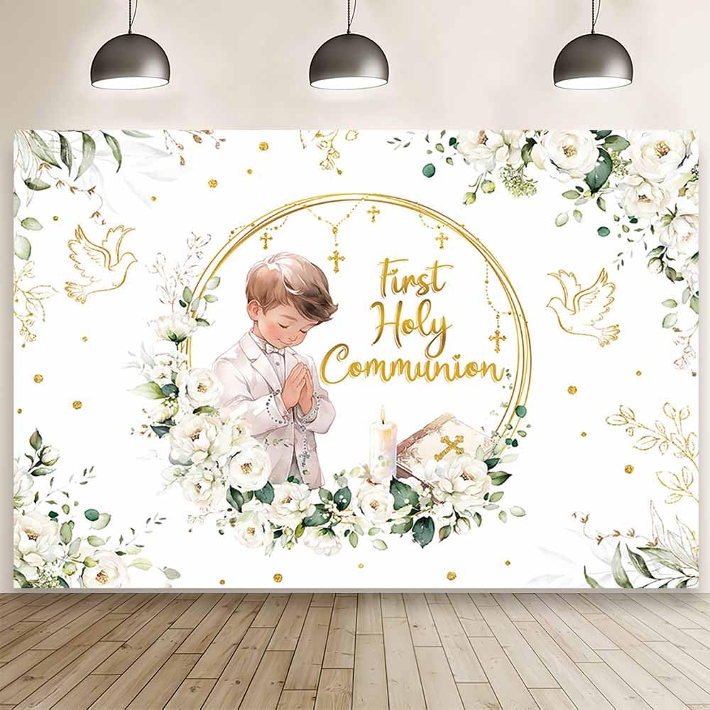 MEHOFOND 7x5ft First Holy Communion Backdrop for Boy White and Elegant Floral Photography Background Mi Primera ComunióN Party Decorations Flower