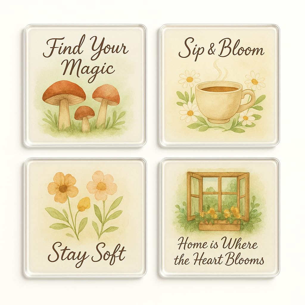 The Plum Penguin Whimsy Haven Acrylic Coaster Gift Set Of 4 With Whimsical Watercolour Nostalgia - Charming Home Decor For Millennial Aesthetic