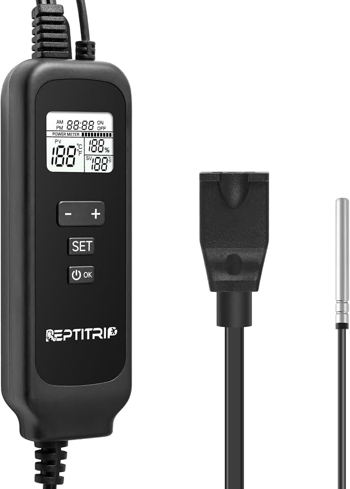 REPTITRIP Termostato com Regulagem de Intensidade para Répteis, Temperatura Ajustável para Dia e Noite, Termostato para Lâmpada de Aquecimento Ou Placa de Aquecimento para Répteis, Controlador