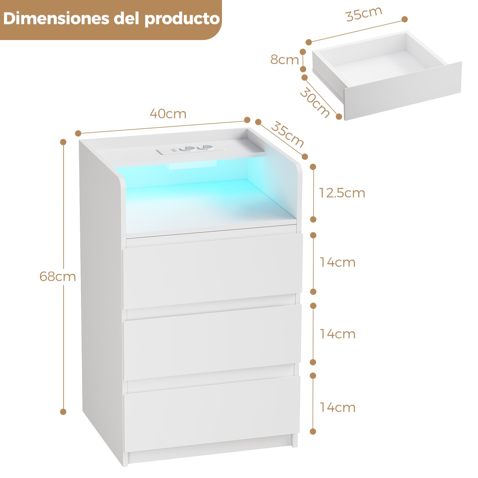 ANWBROAD Mesita de Noche con Enchufes Integrados,Mesilla de Noche con Tira de Luces LED,3 Cajones 1 Compartimento,Mesita de Noche Moderna para Dormitorios Salones (2, Blanco) BNS014W