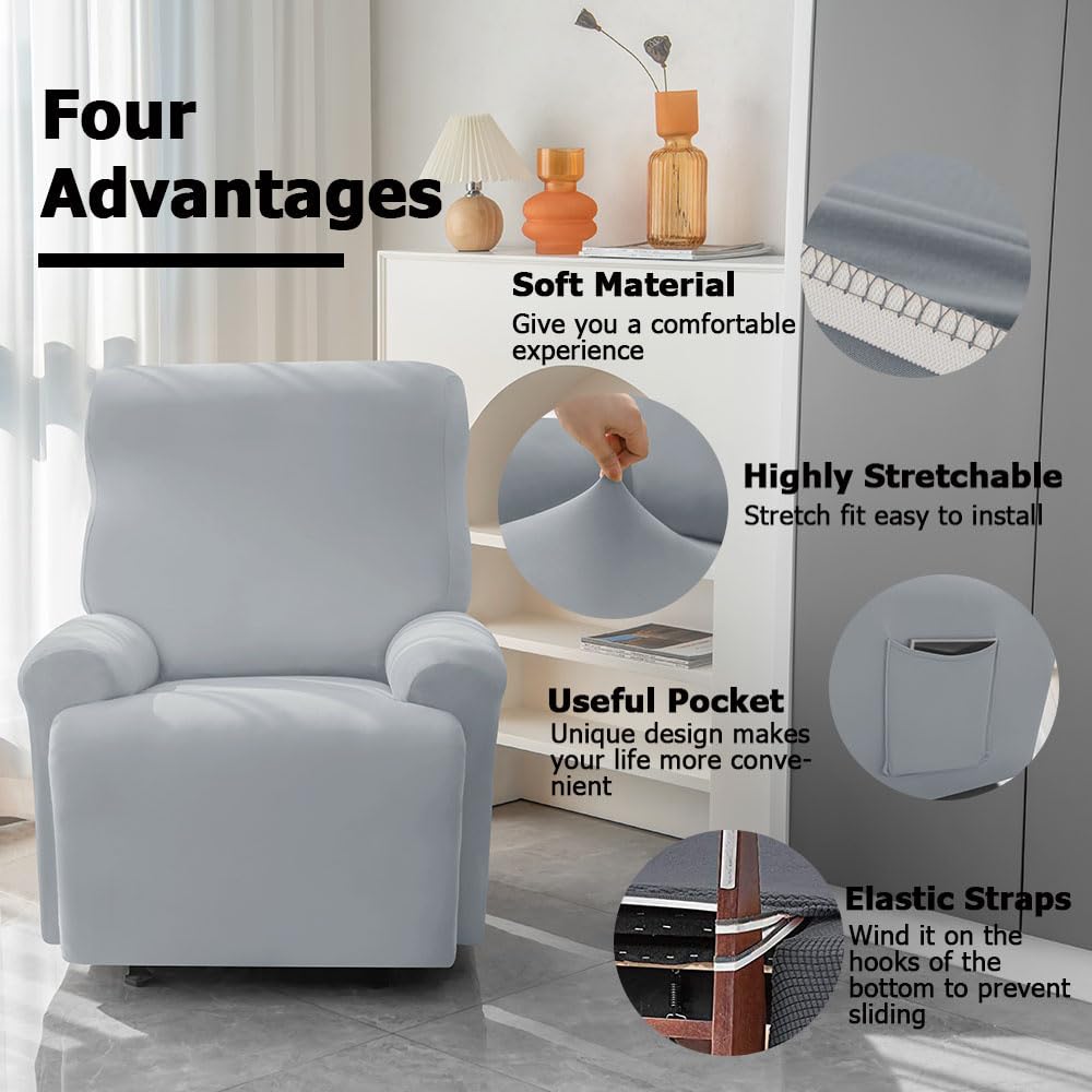 Highdi Funda de Sillón Relax Elástica para Sillón Reclinable, Funda Reclinable Color Sólido con Bolsillos Laterales, Antideslizante Extraíbles y Lavables Fundas Protector (Humo Gris,3 plazas)