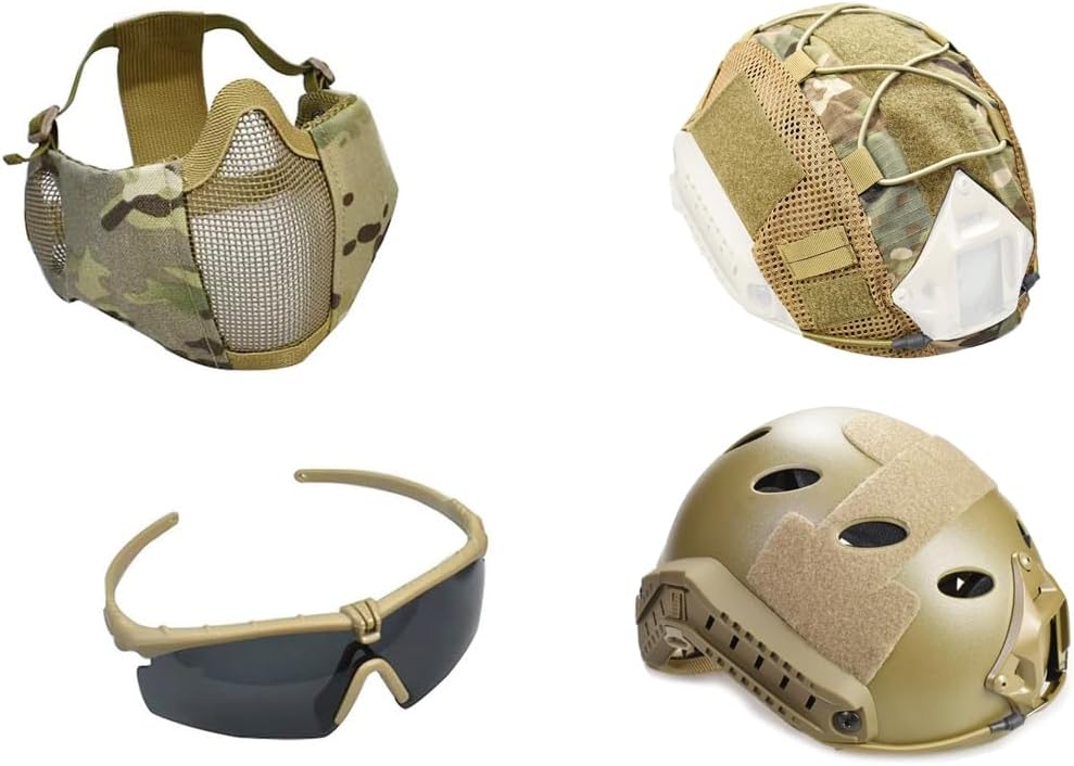 MH Updated Version Fast Tactical Helmet Combined with Foldable Half Face Mesh Mask and Goggles for Paintball CS Game Set