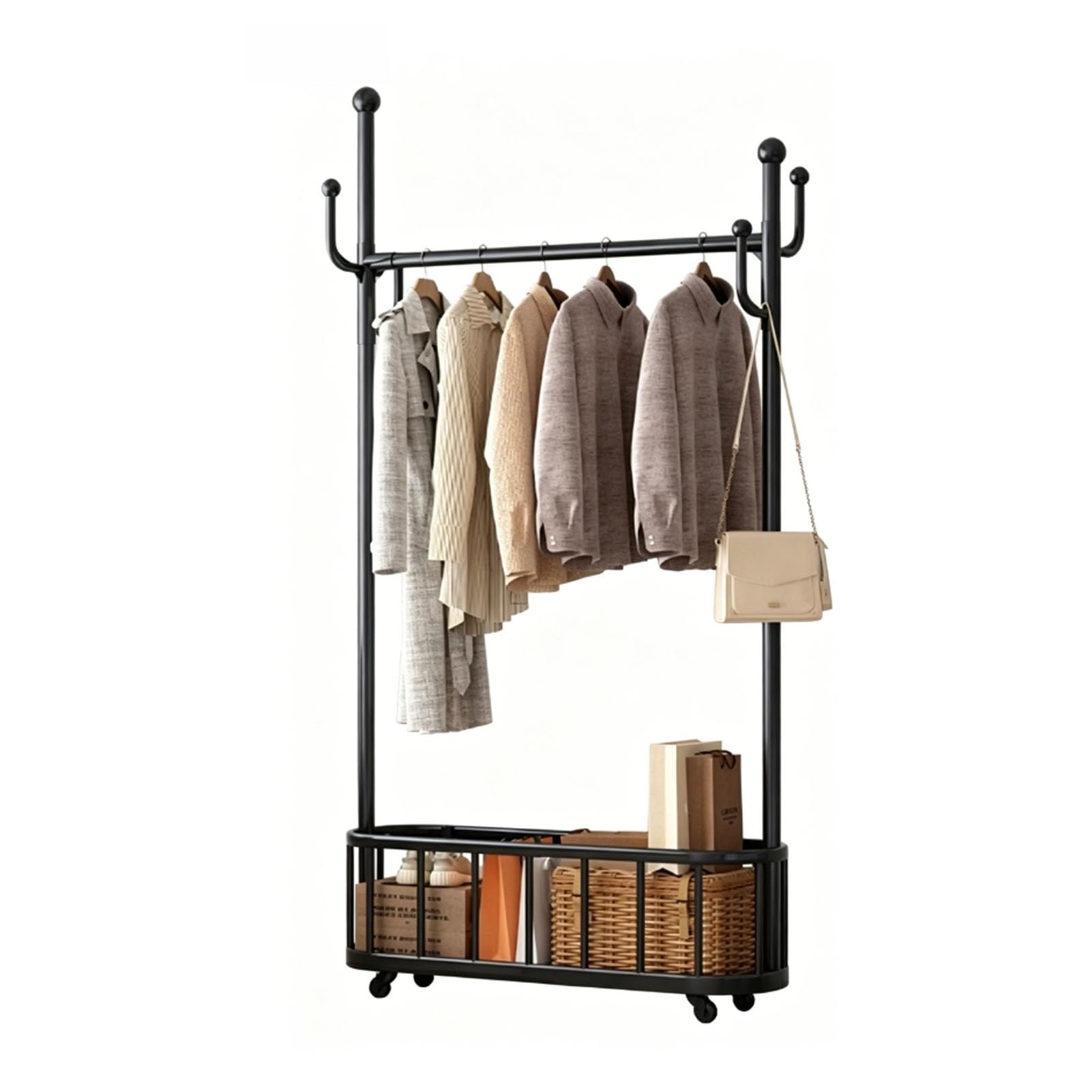 YAOHY Clothes Rack With Wheels, Portable Garment Rack with Storage Basket, Rolling Clothes Rack For Garment Rack for Bedroom, Laundry Room(Black,39.3in/100cm)