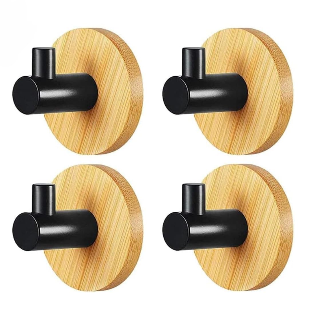 Colgadores adhesivos resistentes, 4 piezas colgador toalla baño, ganchos para colgar, percheros pared madera para colgar sin agujeros, toalleros de baño sin taladro, colgador madera de bambú