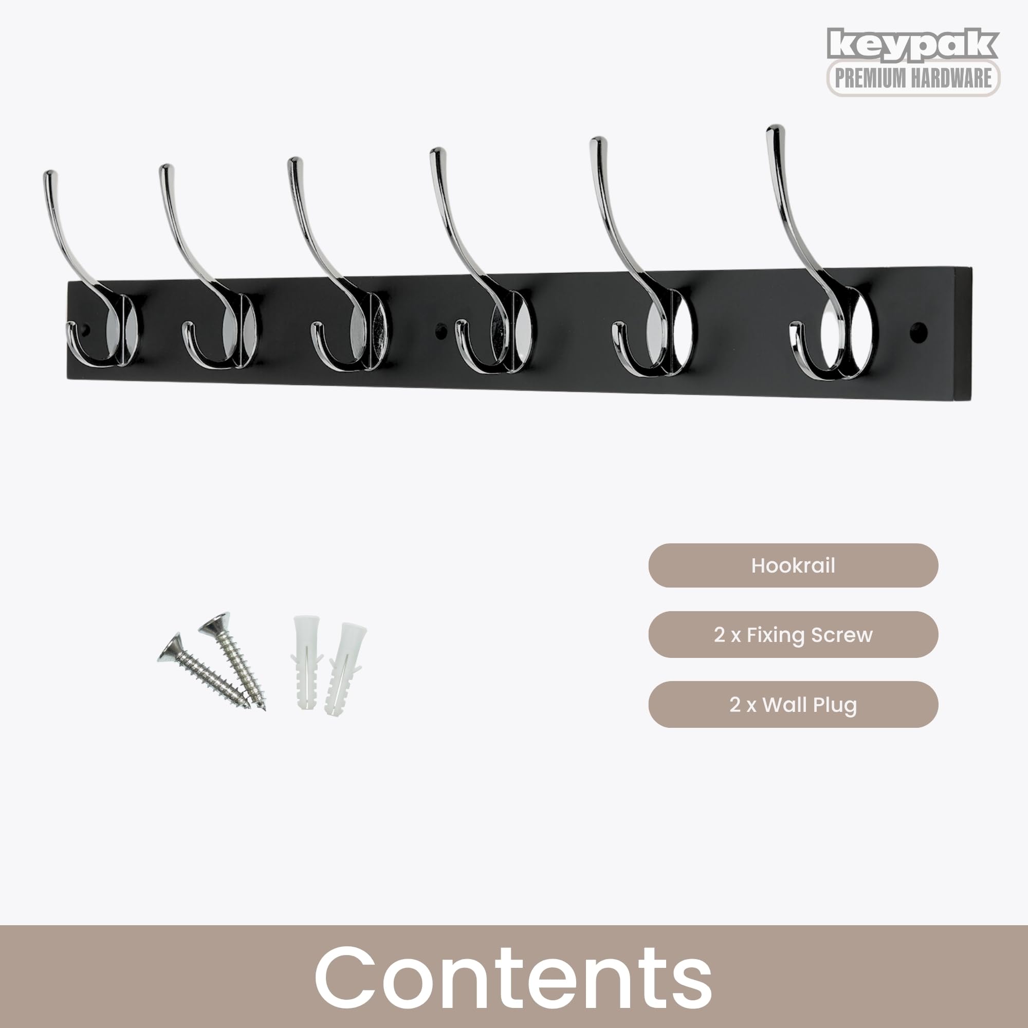 Keypak Appendiabiti da parete in stile vittoriano, in legno, per appendere cappotti, cappelli, vestiti, sciarpe (nero/cromato, 6 ganci)