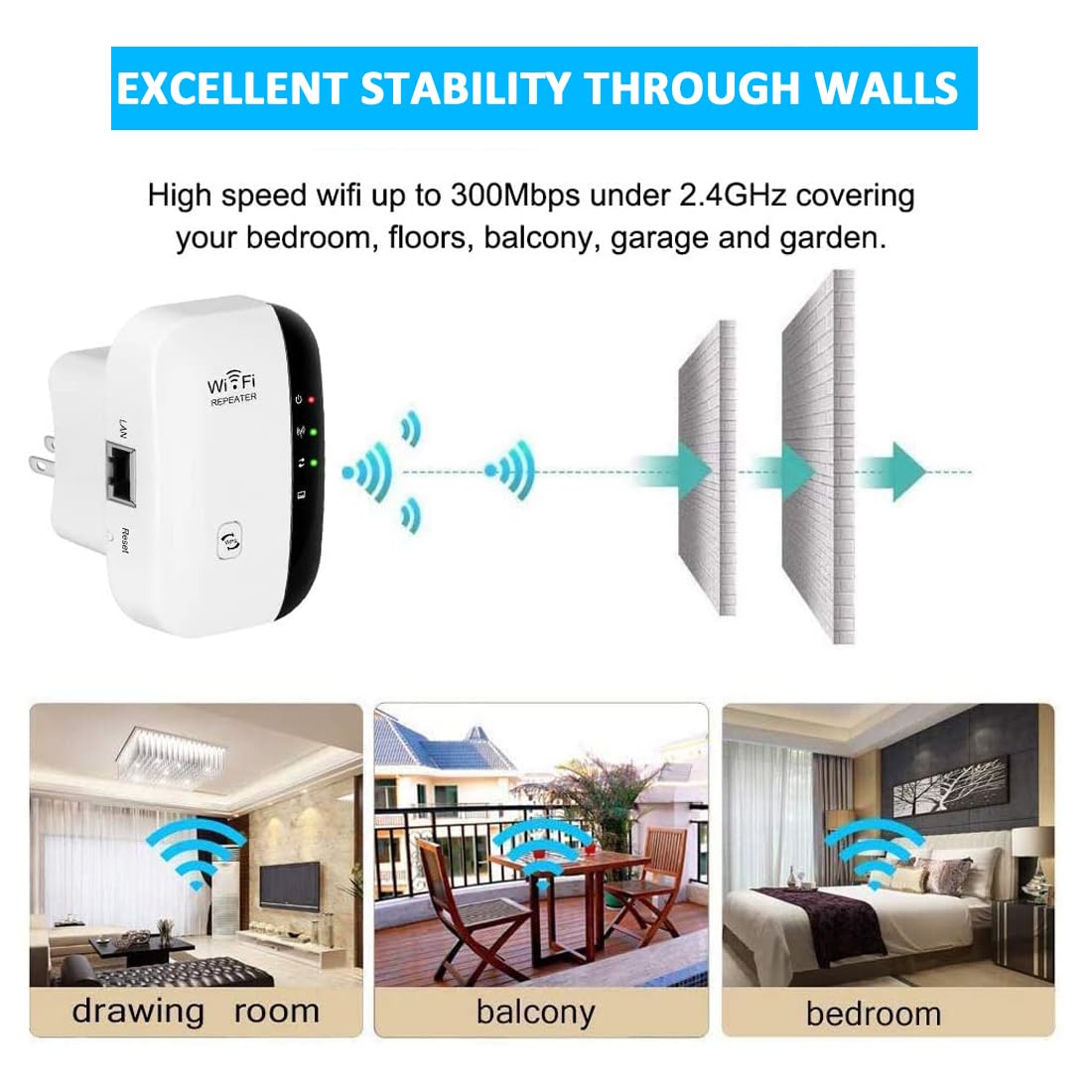 Beseloa WiFi Répéteur WiFi Booster 2,4 GHz 300Mbps Extenseur Sans Fil Amplificateur De Signal Du Réseau Avoir AP/RP Et WPS Fonction, Compatible Avec Toutes Les Box Internet