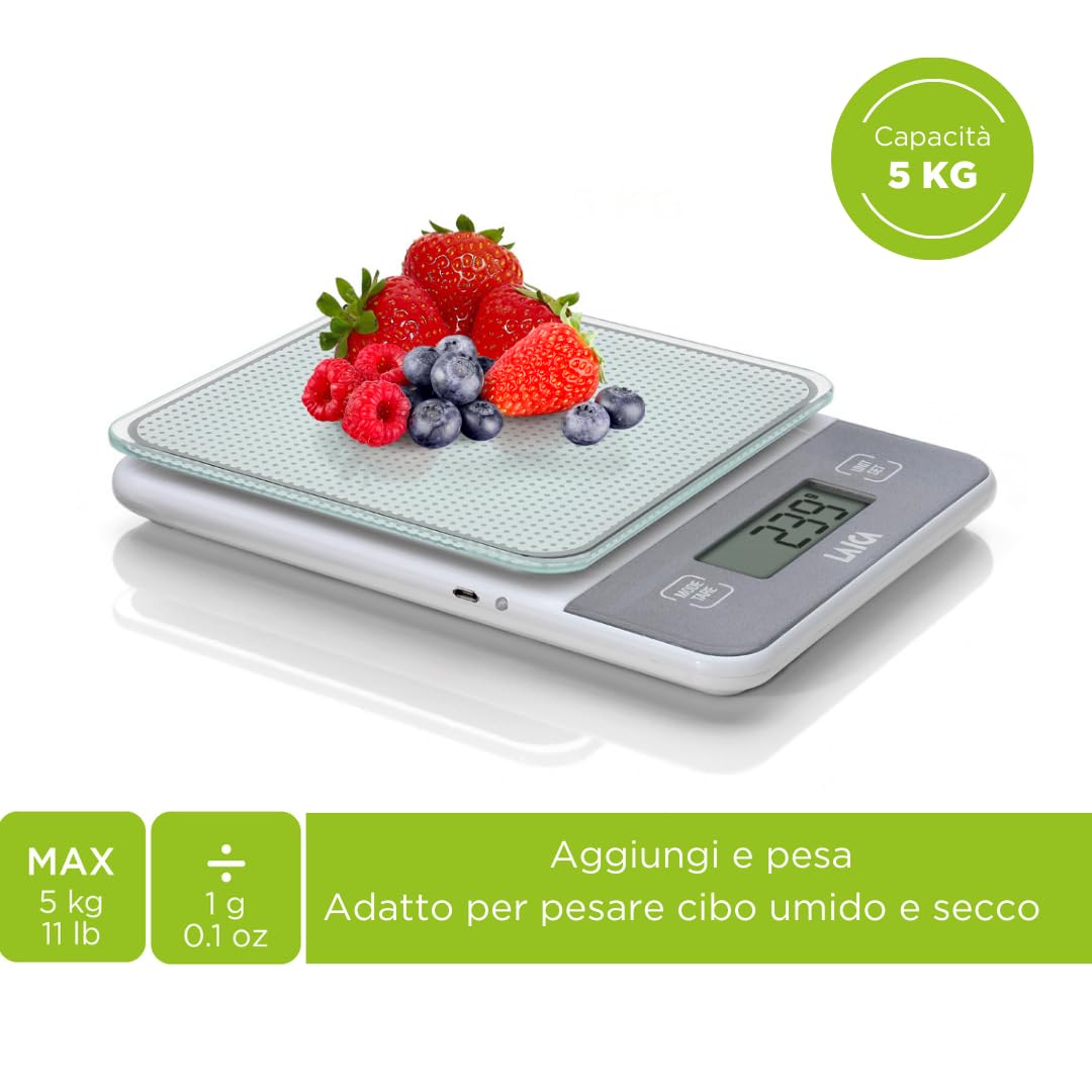Bilancia elettronica da cucina LAICA, bilancina digitale, per cucinare, in grammi o once, display LCD ad alta precisione in vetro temprato, funzione Tara, ricaricabile - Portata di 5 kg