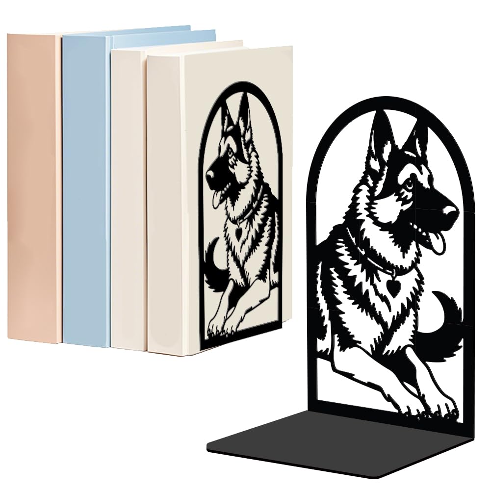 WADORN 1 Pair German Shepherd Metal Decorative Bookend for Shelves, Heavy Duty Book Ends Modern Non-Skid Books Holder Stand Black Book Support Stoppers for Desk Bookshelf Office, 5.3x4.3x7.8 Inch