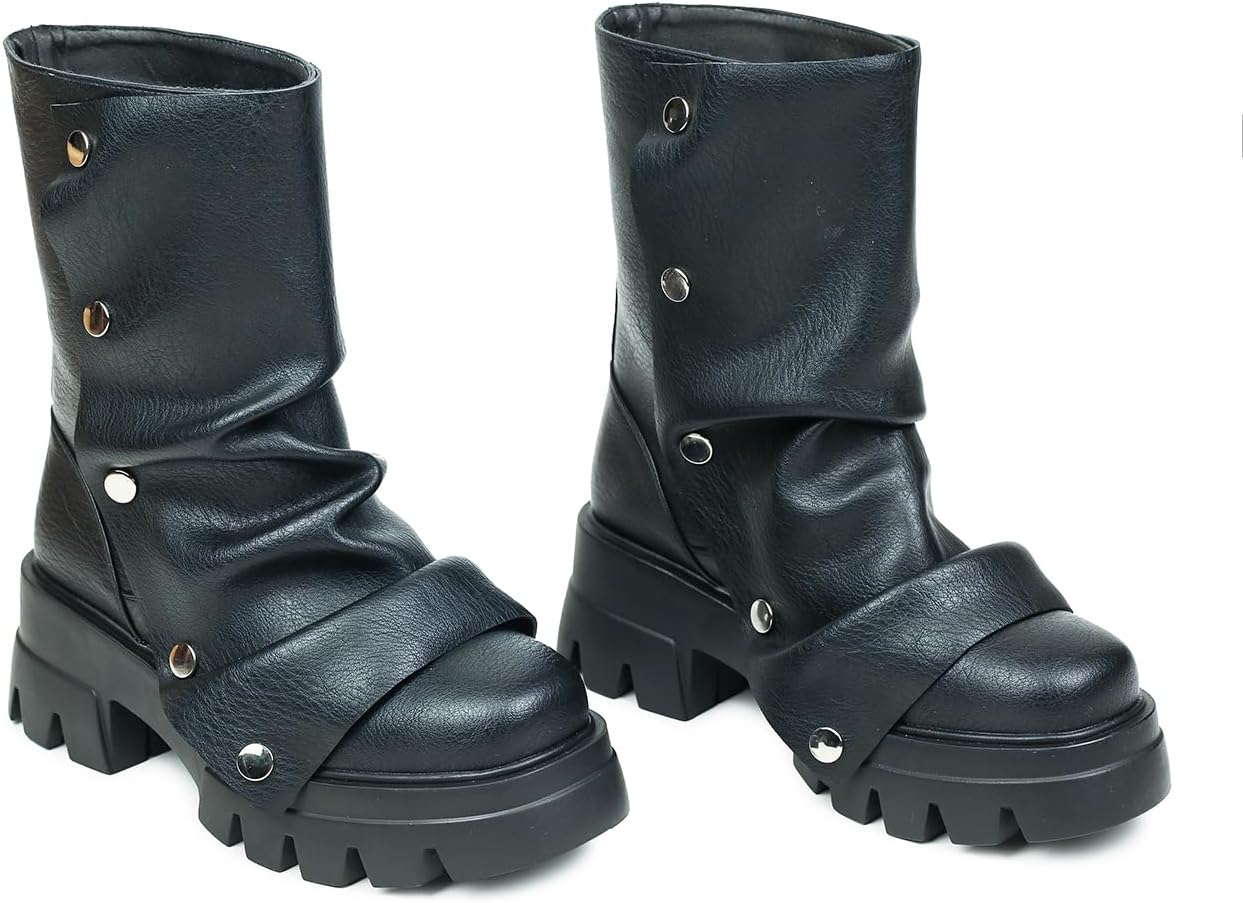 HiColor Women's even-soled heel Ankle Boots Lazy Folding Wide Detachable Button Boots