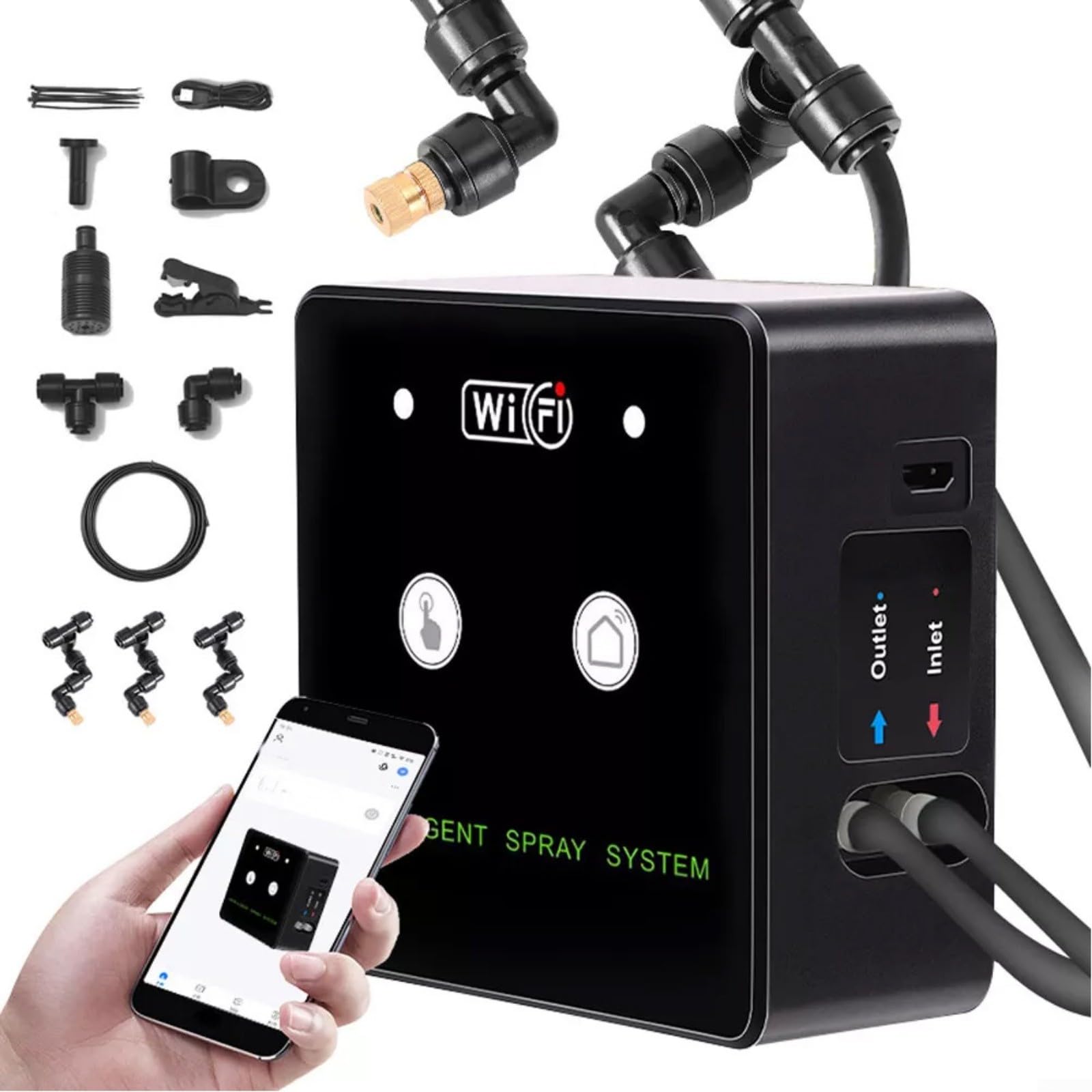 Sistema de nebulización inteligente WiFi para terrario con boquillas de pulverización giratorias de 360° para control remoto, humedad de la selva tropical, riego de jardín (tres boquillas)
