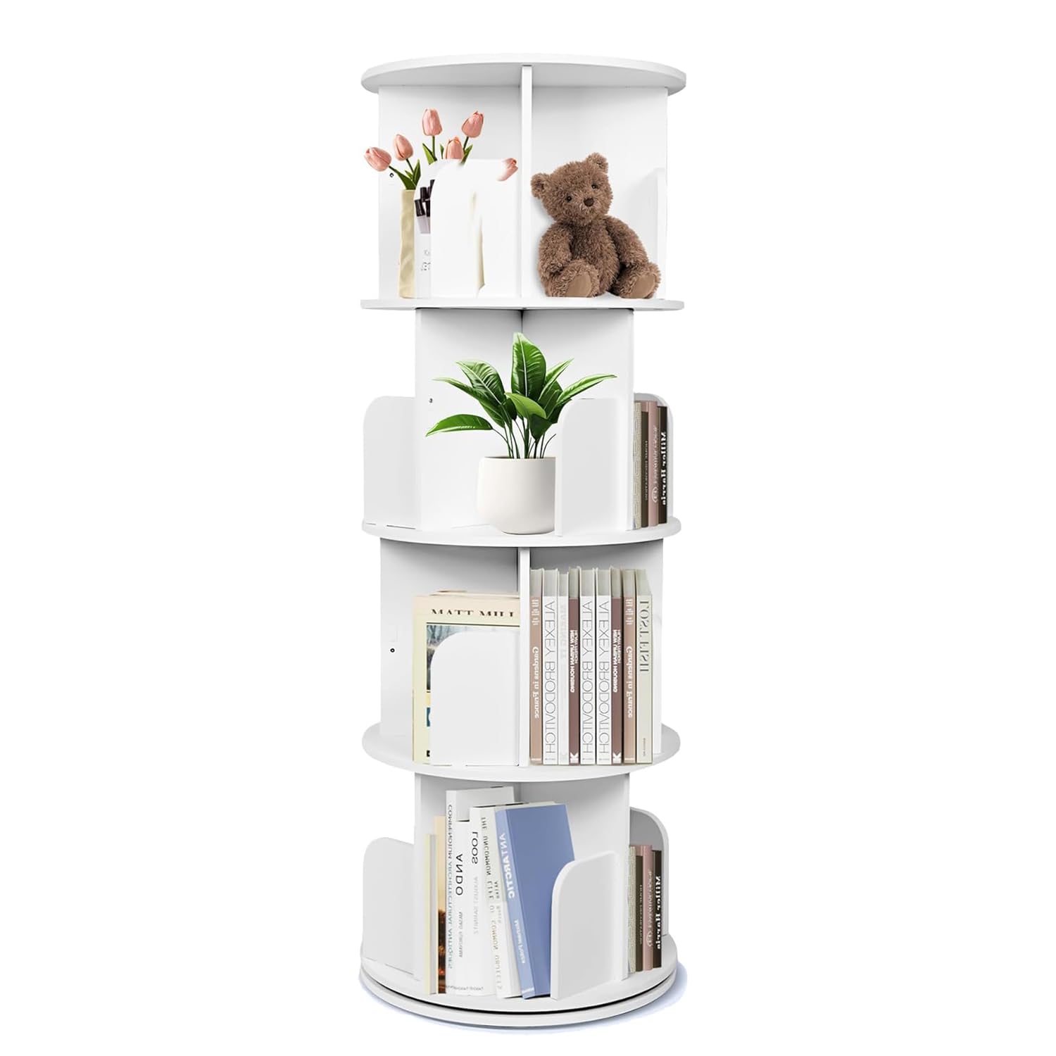 Nisorpa 4 Tier Rotating Bookshelf White, Spinning Kids Bookshelf Floor Standing, Round Revolving Bookcase Tower Childrens Bookcase for Bedroom & Living Room