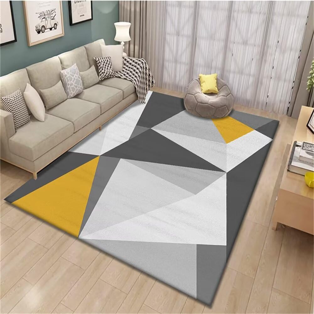 Tapis de salon géométrique moderne 90x150 rectangulaire gris et jaune