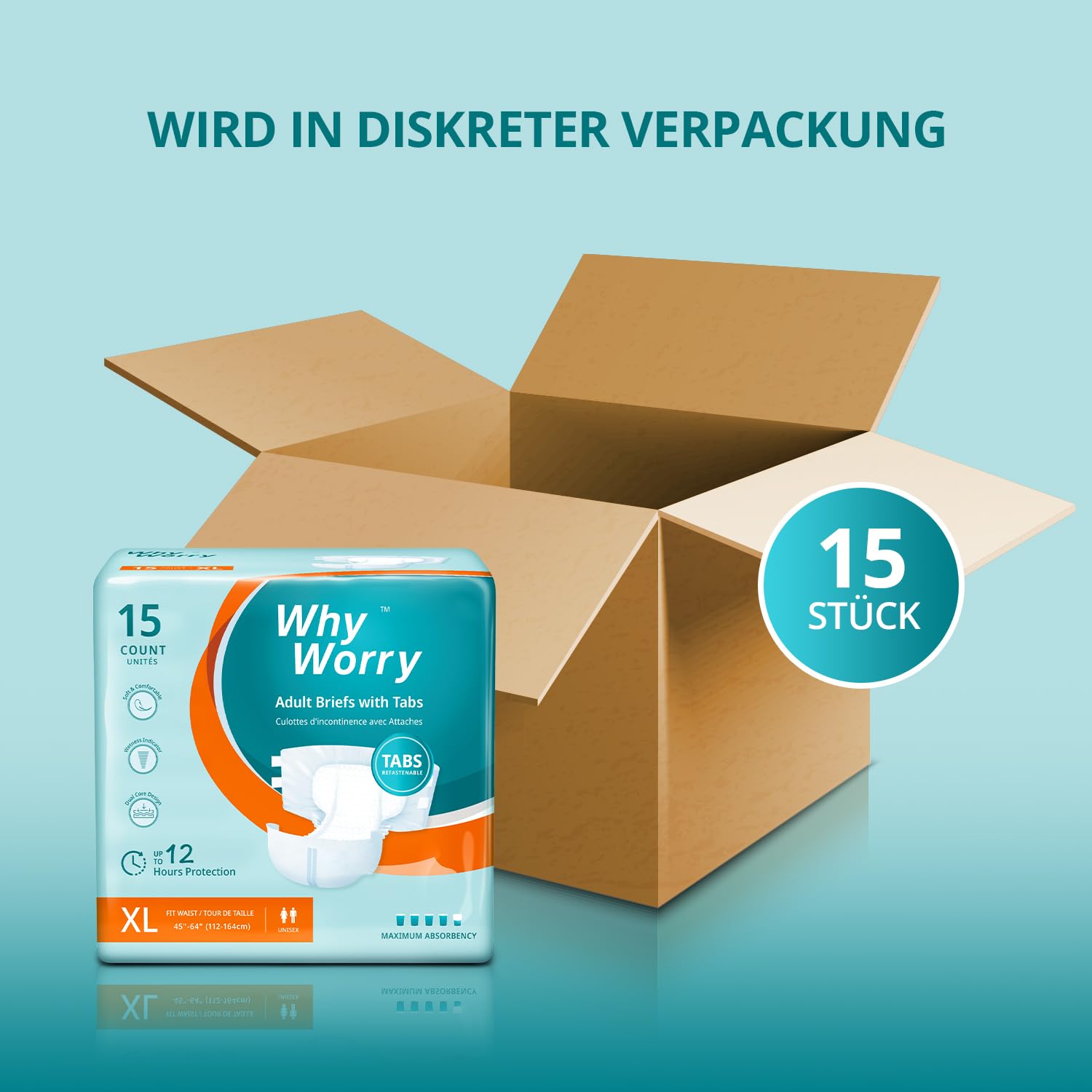 WhyWorry Windeln für Erwachsene Maximale Saugfähigkeit, Größe XL, 15 Stück | Einweg Inkontinenz Slip für Frauen und Männer, Auslaufsichere Windel, Schutz über Nacht, Geruchskontrolle, Unisex