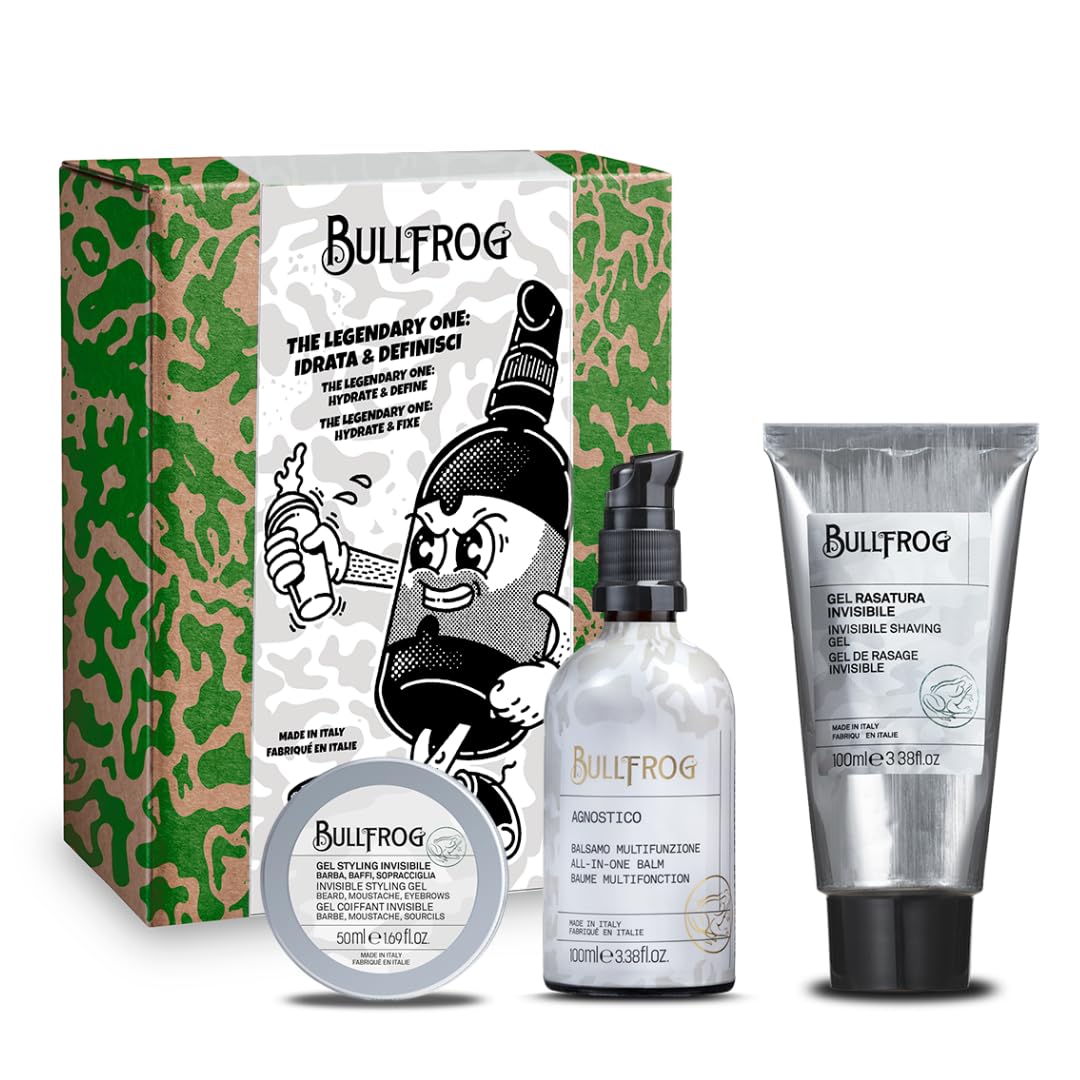 Bullfrog - Kit The Legendary One Idrata e Definisci 3 in 1, Limited Edition, Agnostico Balsamo Multifunzione Originale 100ml, Gel Rasatura Invisibile 100ml e Gel Styling Invisibile 50ml
