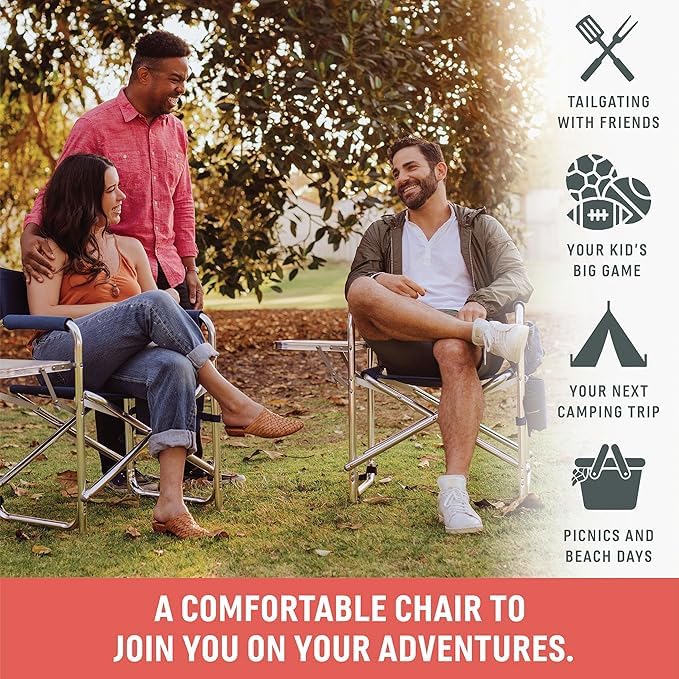 Image of PICNIC TIME Sports Chair with Side Table and Armrest Caddy, Lightweight Aluminum Folding Outdoor Camping Chair for Adults, Portable Director Style Lawn Seating with Pockets & Strap, (Moka Collection)
