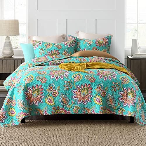 VISIMISI Cotton Bedspread Quilt Sets Reversible Bedding Coverlet Sets Comforter Paisley Floral Bedspread (Green Vintage Floral, Queen Size)
