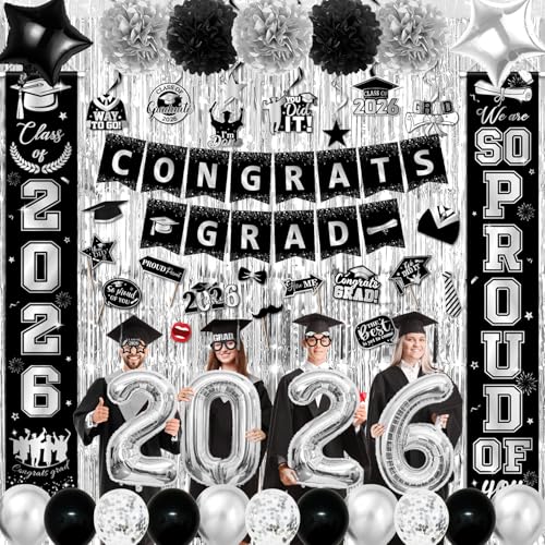 Image of Black and Silver Graduation Decorations, Graduation Decorations with Congrats Grad Banner Fringe Foil Curtain 2026 Balloons Graduation Photo Props for Silver Graduation Decorations Class of 2026