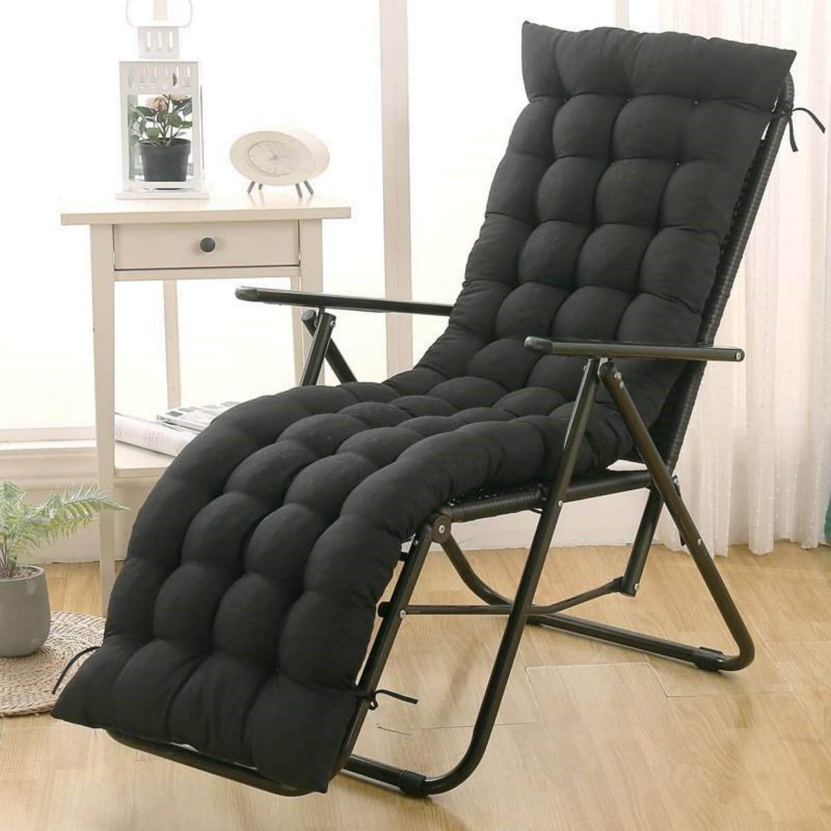 Highdi Sun Lounger Cushion Only, Garden Sunlounger Cushion Replacement, Solid Color Soft Thick Rocking Chair Pad with Ties for Sunbed, Garden Patio Lounge, Outdoor Reclining (Black,40x110cm)