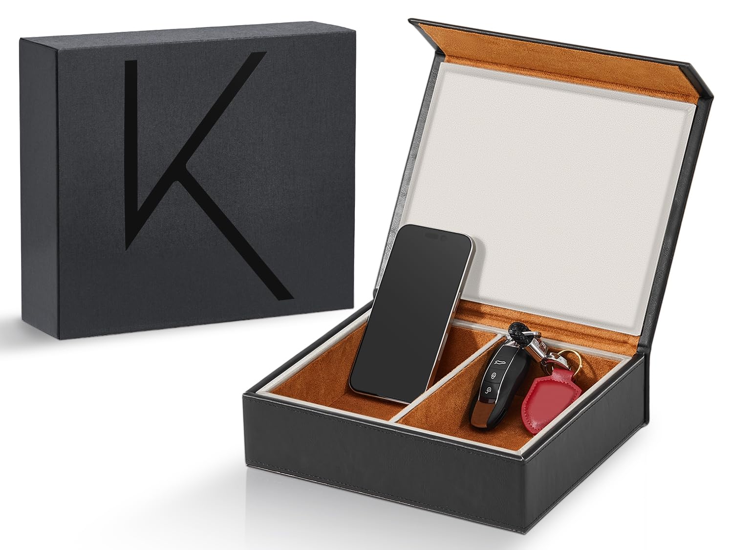 KK7 PLUS-BK Faraday Box mit 2 Fächern, Großes Design zur Signalabschirmung für Autoschlüssel, Keyless Schutz, Premium Verarbeitung | 2 Steckplätze, RFID-Signalblockierung, Diebstahlschutz, Vintage-Faraday-Käfig, hochwertiges Protein-Leder