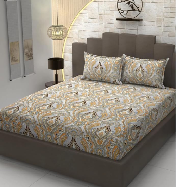 Image of 300TC Glace Cotton Super Soft Fabric Queen Size Bedsheet for Double Bed, Size 90 inche X 90 Inche, 228 x 228 cm with 2 Large Size Pillow Covers,3Pc Bedding Set Grey Treditional