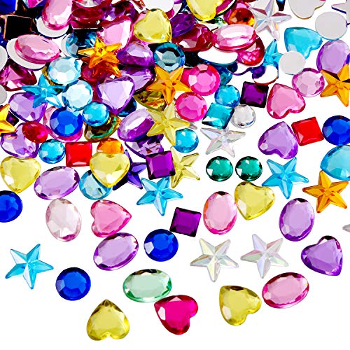Blulu 600 Pieces Gems Acrylic Craft Jewels Flatback Rhinestones Gemstone Embellishments Heart Star Square Oval and Round, Assorted Color (8 to 14 mm)