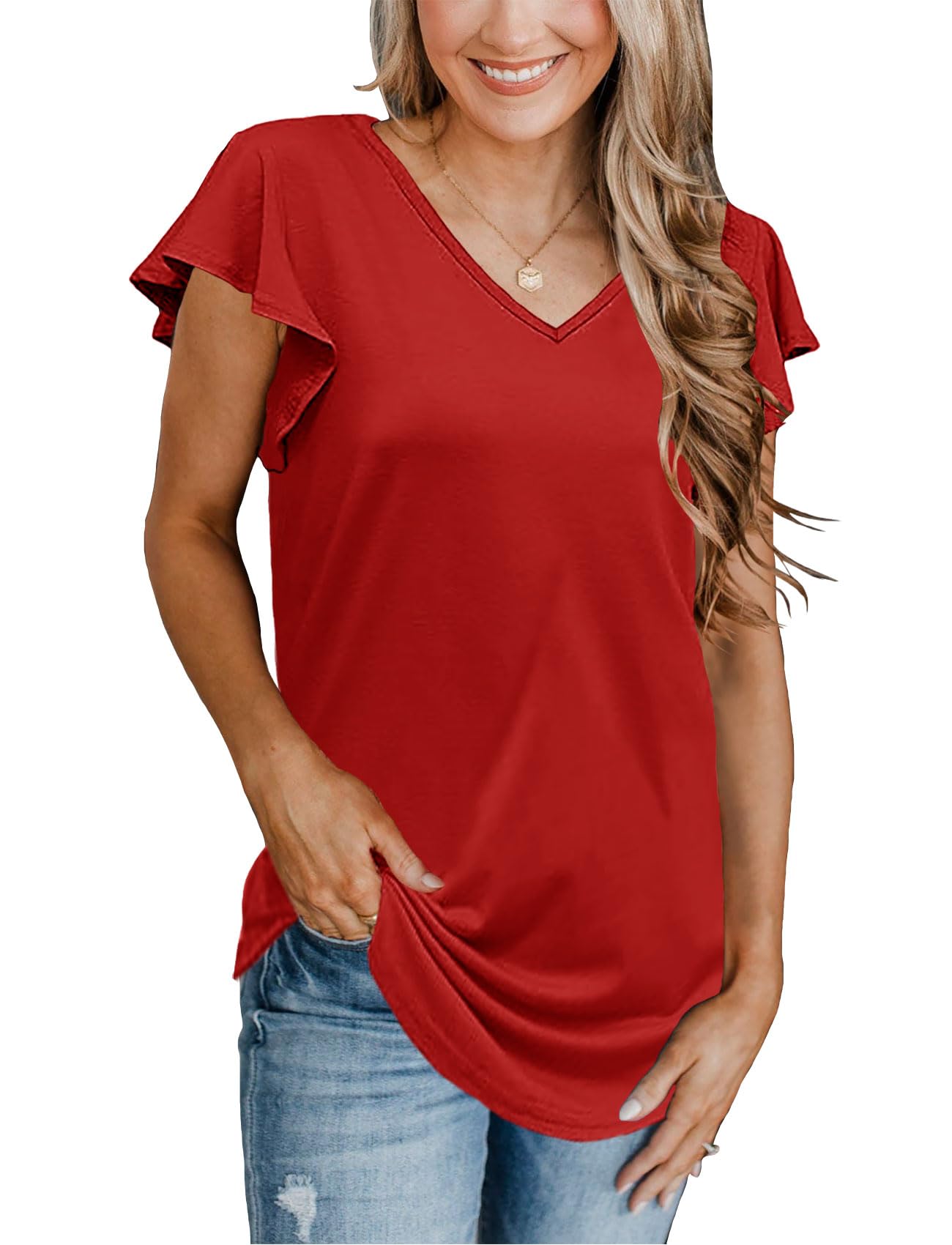 Topstype Flutter Sleeve Tops for Women V Neck Summer Ruffle Short Sleeve T Shirts Loose Fit Medium Red