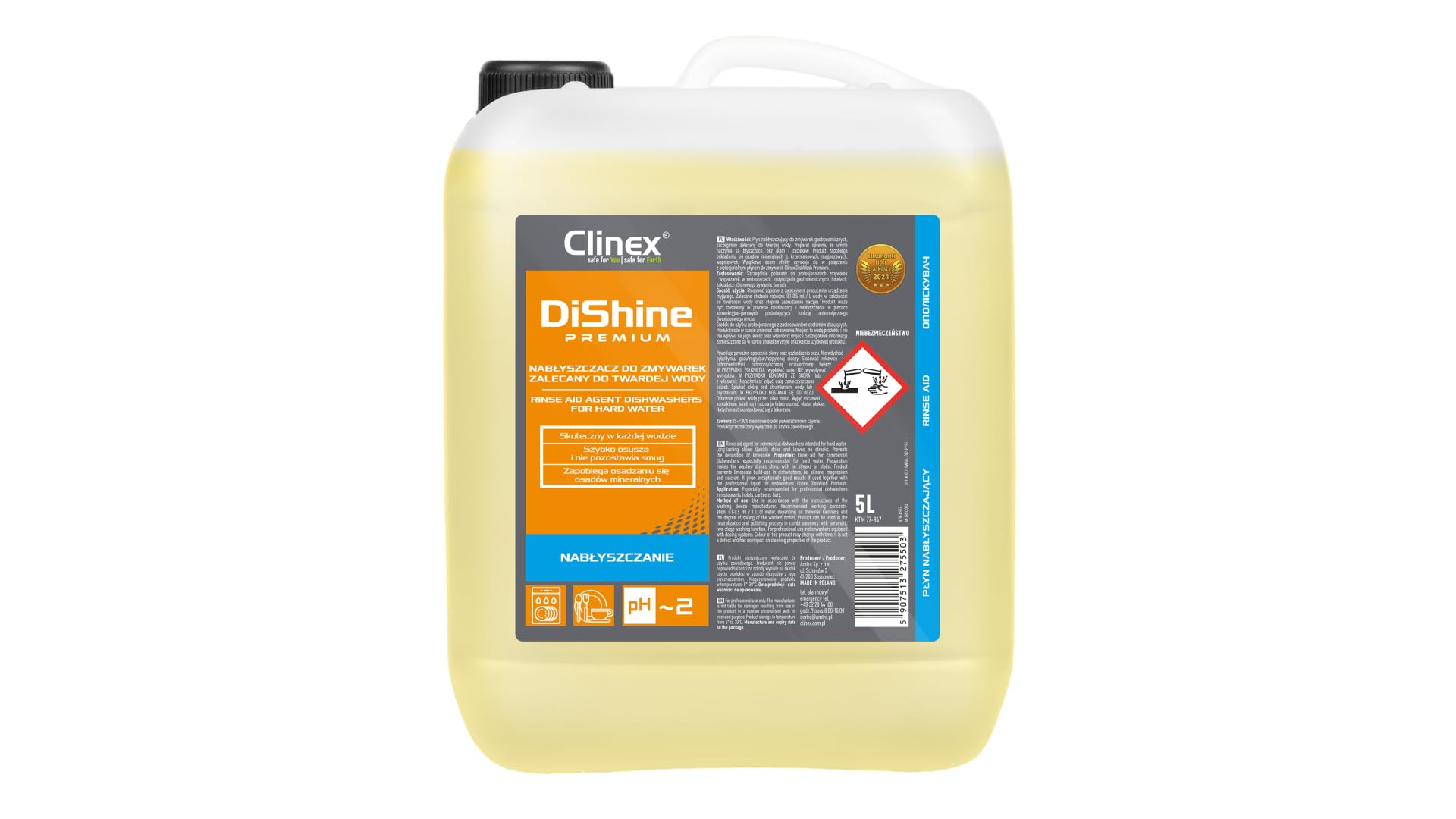Clinex DISHINE Premium Konzentriertes Profi Klarspüler für gewerbliche Spülmaschinen / 5l Kanister/Glanzspüler für Spülmaschinen in Haushalt & Gewerbe Maschinenklarspüler/Enthärtet Wasser