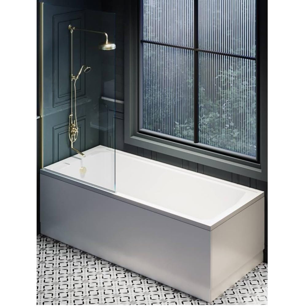 Milano Richmond White 1700mm x 700mm Single Ended Shower Bath Gold Screen Panels