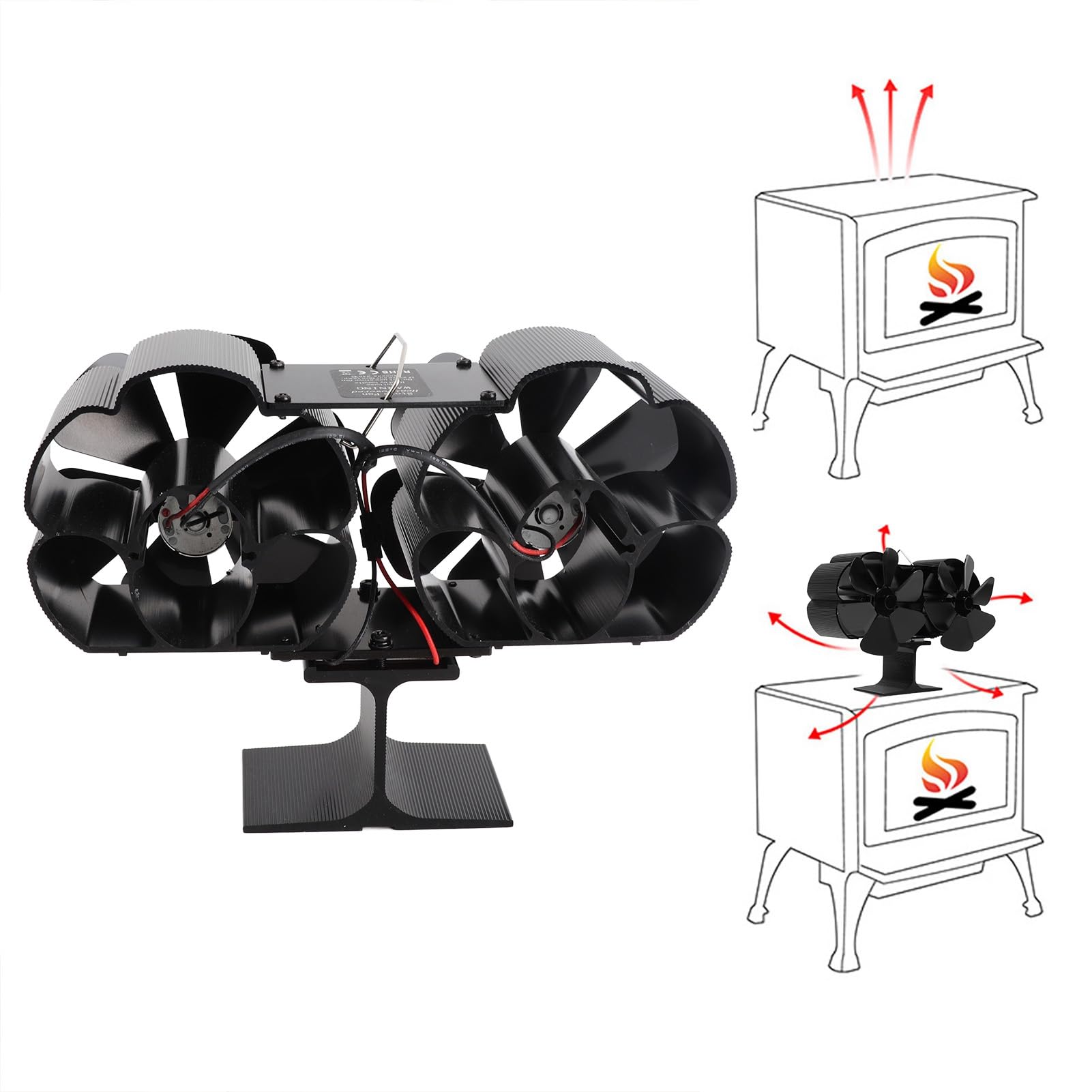 Ventilatore per camino a doppia testa 6 pale Potenza termica Ventilatore per stufa nero Resistente alle alte temperature ambientale