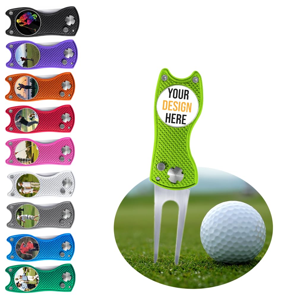 Custom Golf Divot Tool Kits with Ball Markers, Add Your Photo/Logo/Text Personalized Foldable Divot Tool with Marker Pop-Up Buttons for Golfers